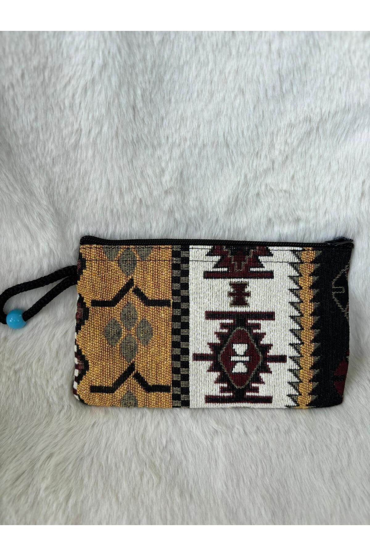 AyKoş aksesuar ORTA BOY SARI BORDO BEYAZ ETNİK KİLİM DESEN CÜZDAN TELEFON ÇANTASI CLUTCH PORTFÖY EL ÇANTASI