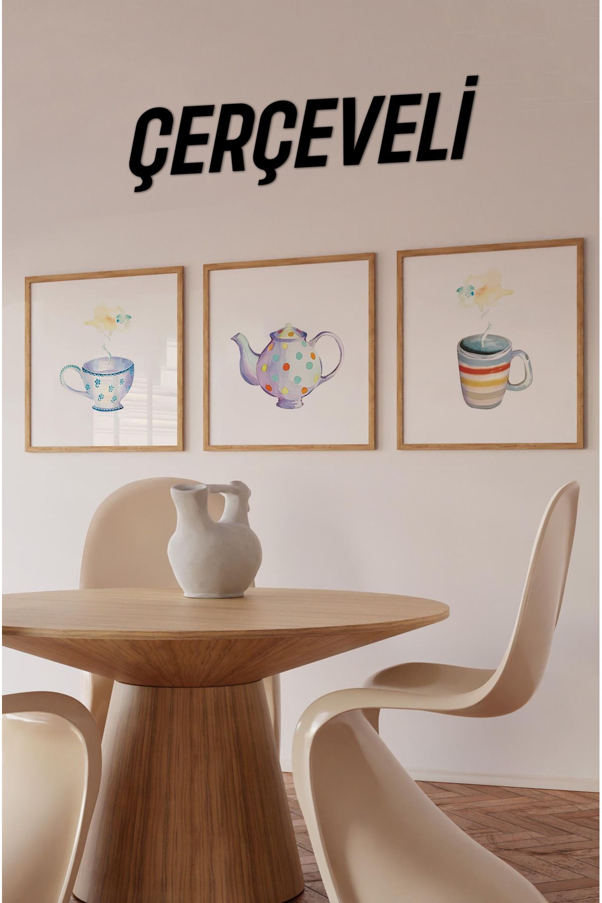 kutuTR 🎨 Renkli Çay Keyfi – Polka Dot Desenli 3’lü MDF Duvar Tablo Seti (Varyantlı) KR4066