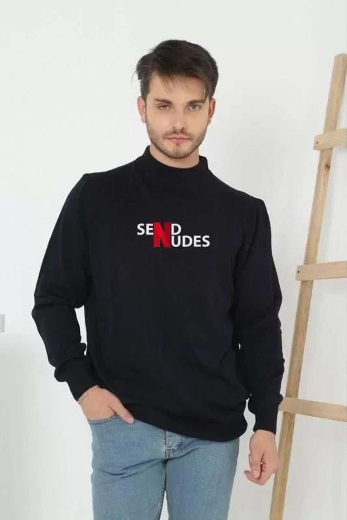 modamtn Unisex Yarım Boğazlı Baskılı Dokuma Triko - Siyah