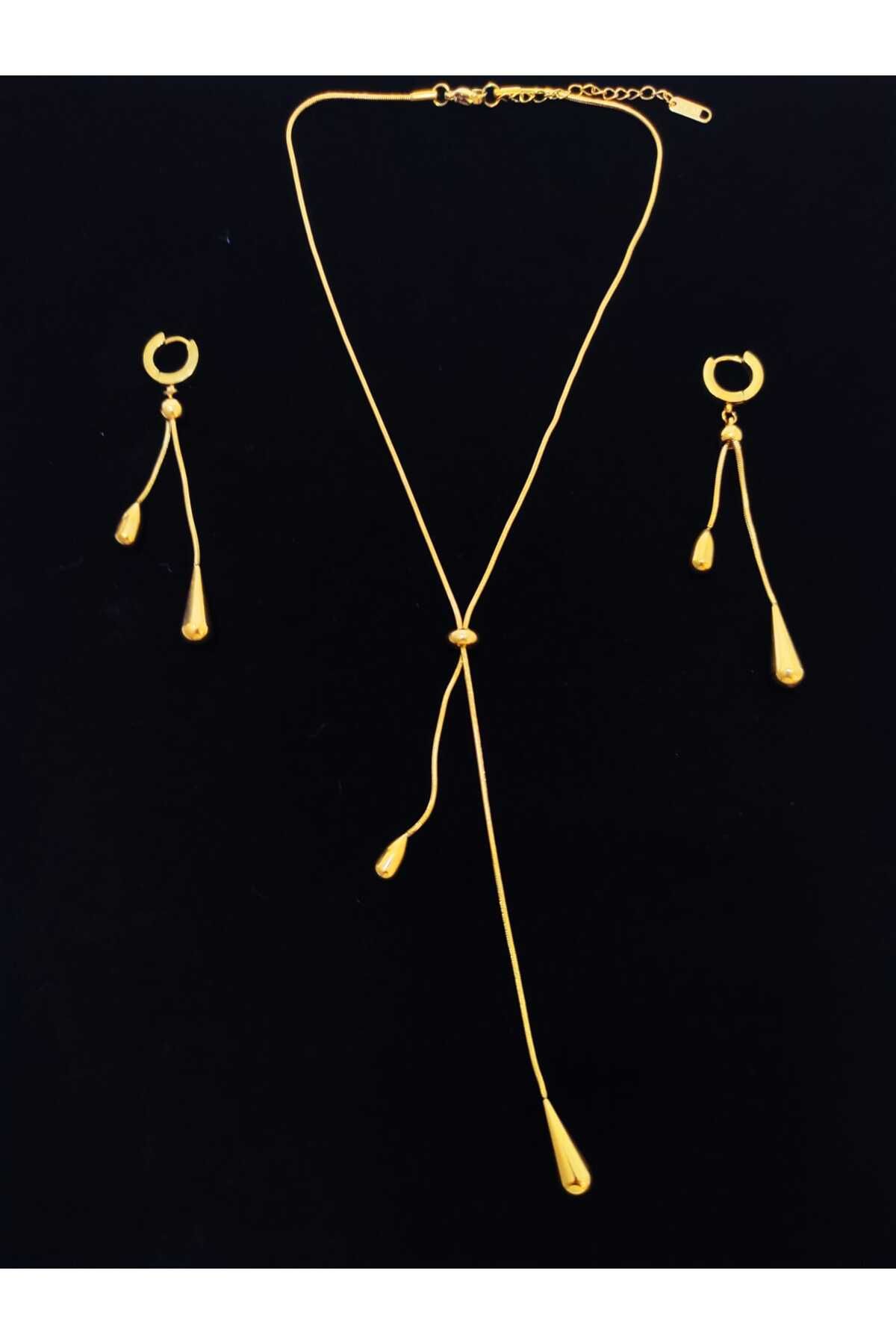 stainless steell ÇELİK AYARLANAN Y KOLYE VE KÜPE SET GOLD RENK