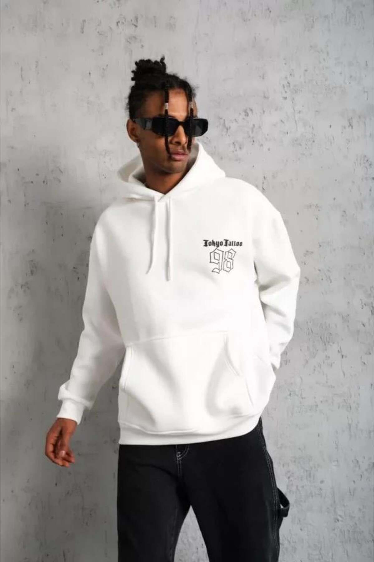 modamtn Erkek 98 Baskılı Kapşonlu Sweat - Beyaz