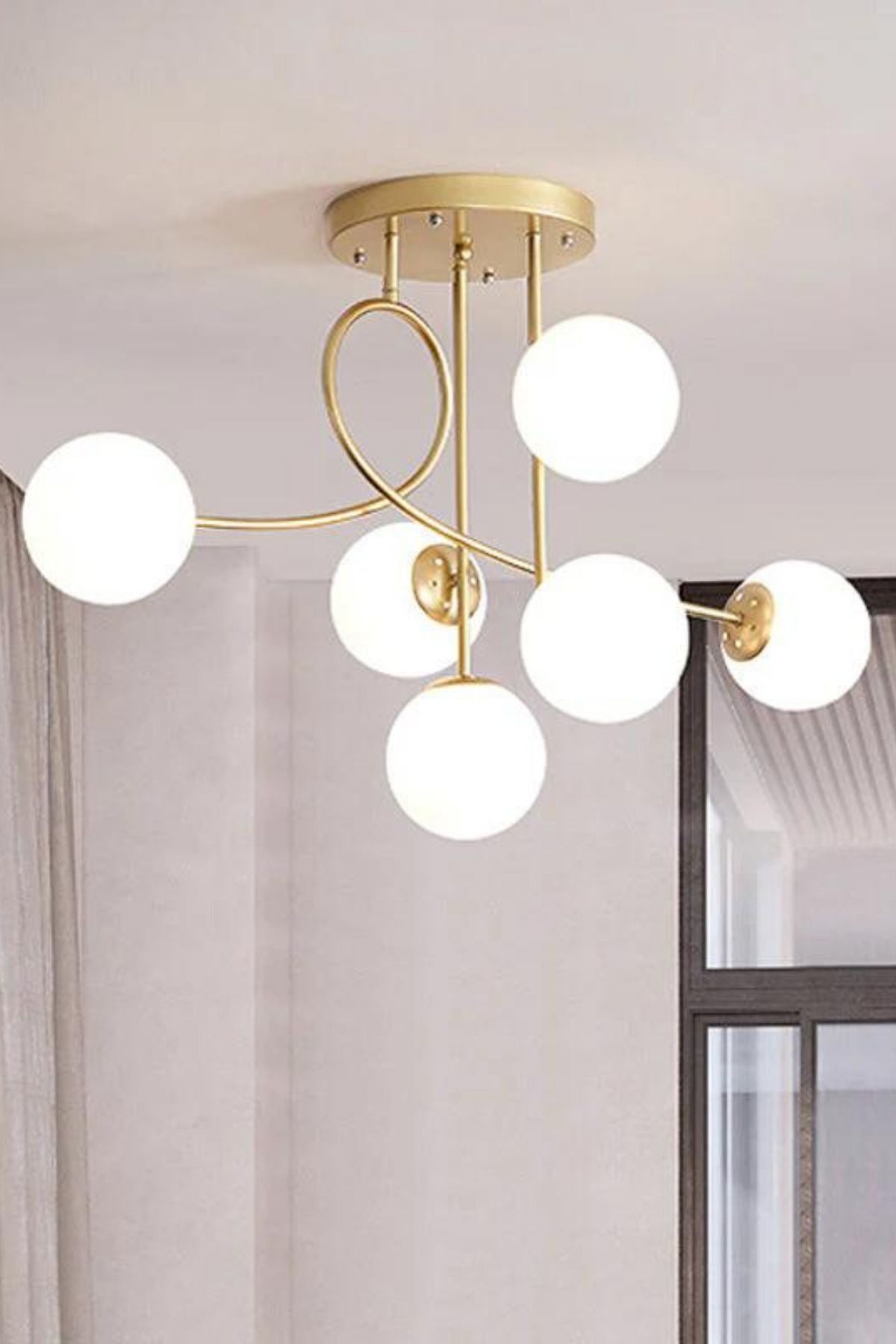 Foggia Choise Eskitme Mat Gold 6'lı Glop Camlı Modern Yemek Masası Üstü Yatak Odası Salon Avize
