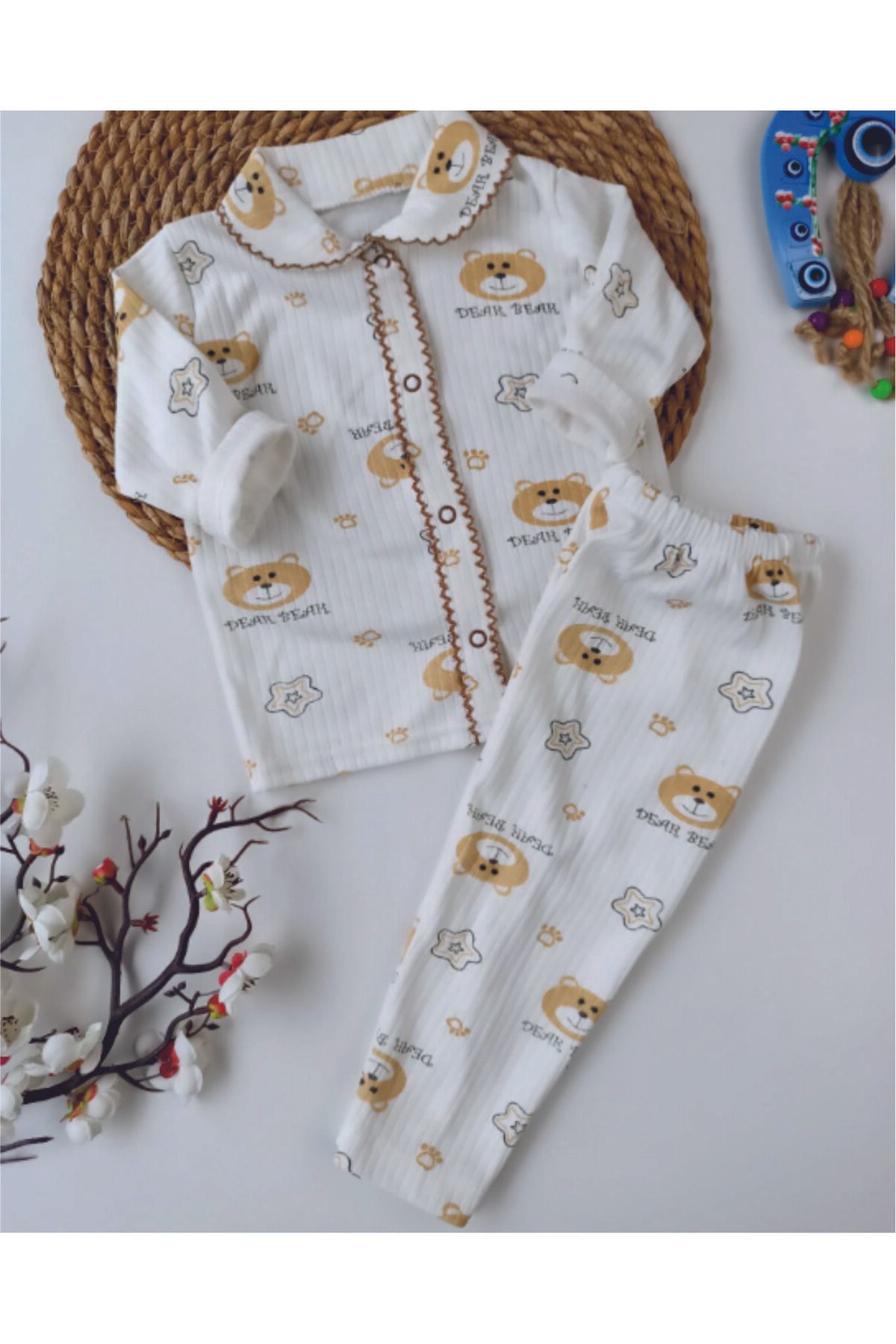Baby Wings Sevimli Ayıcık ve Yıldız Baskılı Oyalı Unisex Pijama Takım