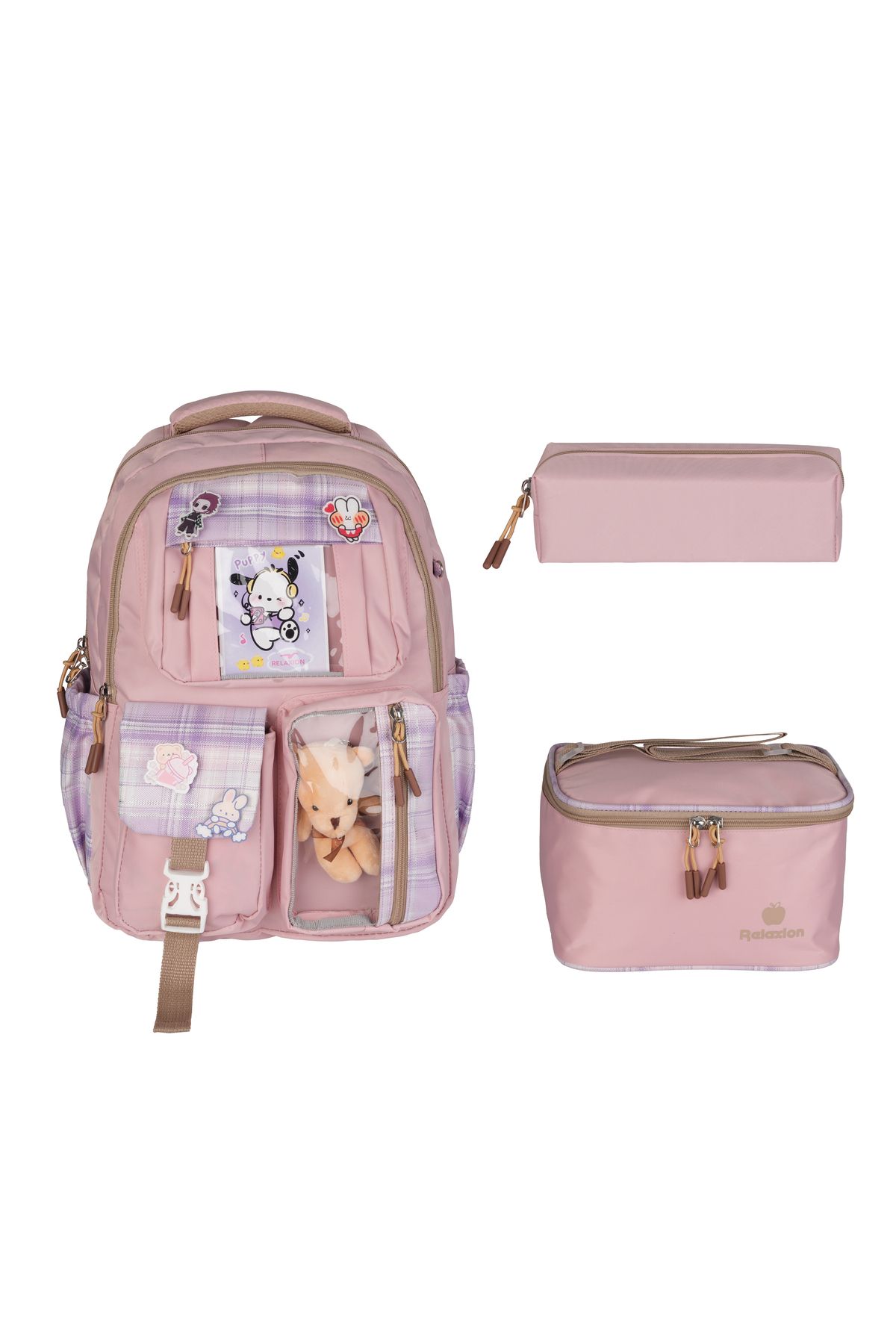 nacar çarşı Kawaii Kore Tarzı Somon Renk Sırt Okul Çantası Set Beslenme Çantası Kalemlik Peluş Oyuncaklı