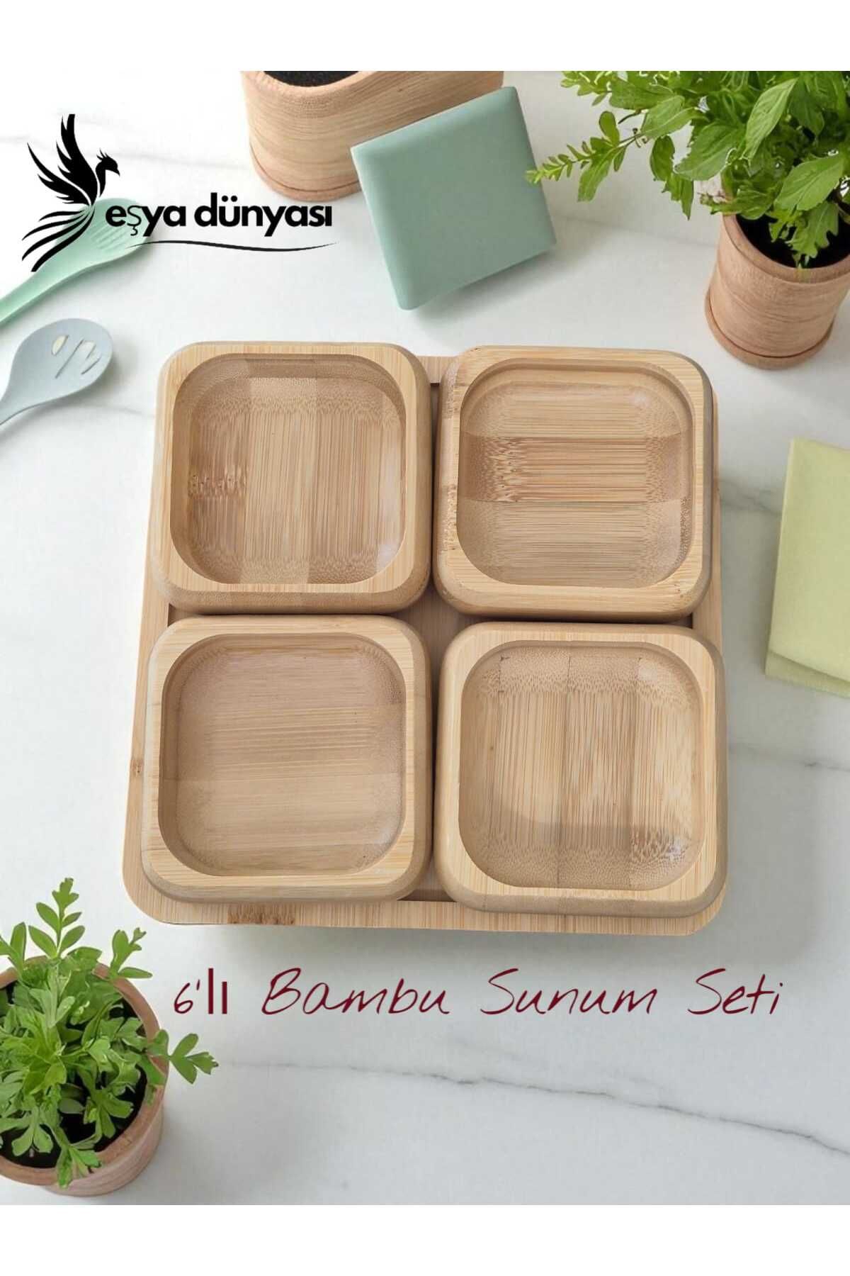 Eşya Dünyası El Yapımı 6’lı Bambu Çerezlik ve Kahvaltılık Seti –9 cm Ahşap Sunum Kaseleri 20cm. Kare Tabağı ile