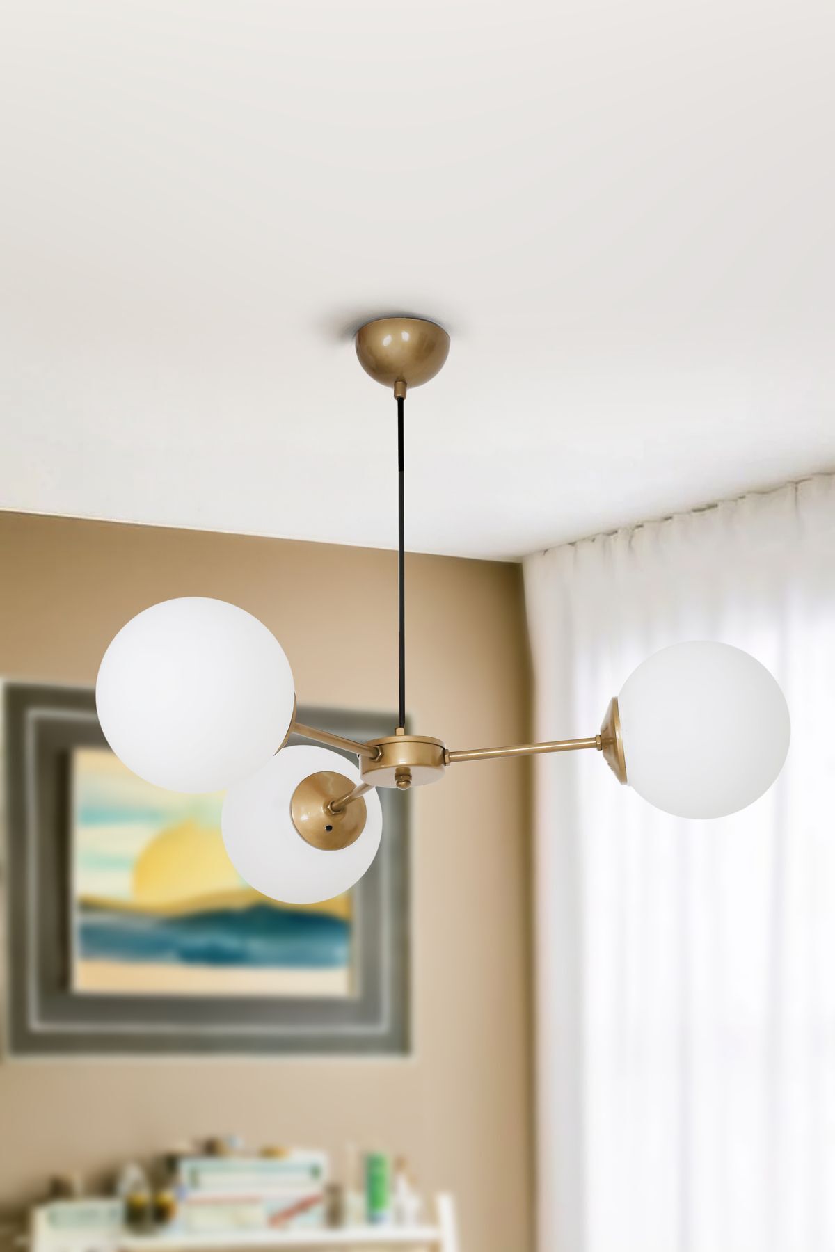 Foggia Rima 3lü Eskitme Mat Gold Beyaz Camlı Modern Genç Odası Yemek Masası Üstü Salon Avize