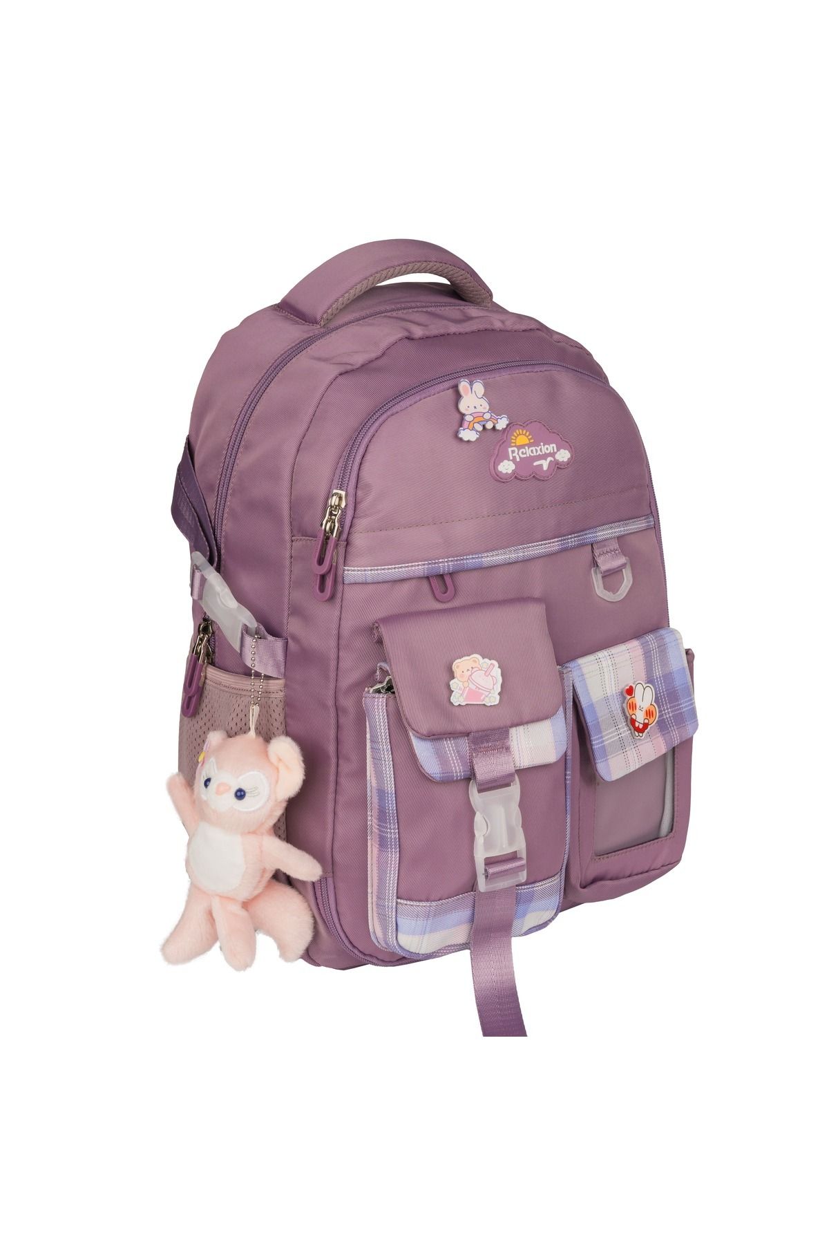 FATELLA Kız Çocuk Bordo Kore Tarzı Kawaii İlkokul Ortaokul Sırt Çantası Ekstra Cepli, Peluş Anahtarlık
