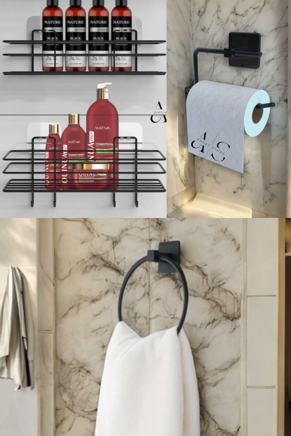 Ahlat Store Siyah 4'lü Banyo Seti 2li Duş Rafı, Yuvarlak Havluluk, Wc Kağıtlık