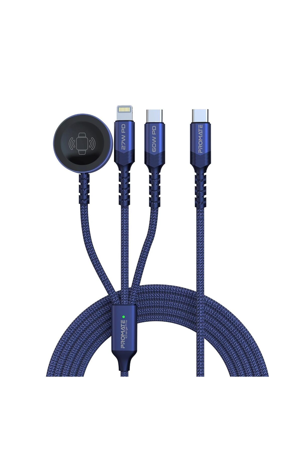 Promate-كابل شحن متعدد 3 في 1، فائق السرعة 60 واط من USB-C™ إلى USB-C™، موصل Lightning 27 واط 1
