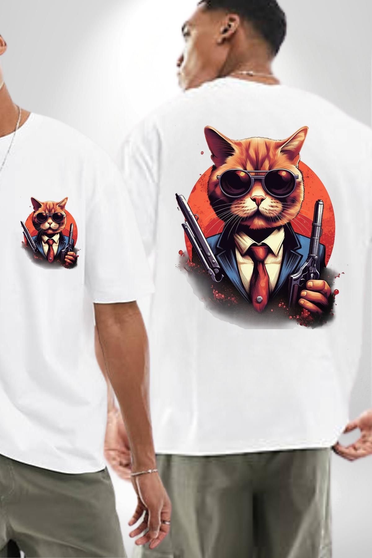 Angemiel Mafya Tarzı Gözlüklü Gangster Kedi Beyaz Oversize Kadın Erkek Ön ve Sırt Baskılı Tişört