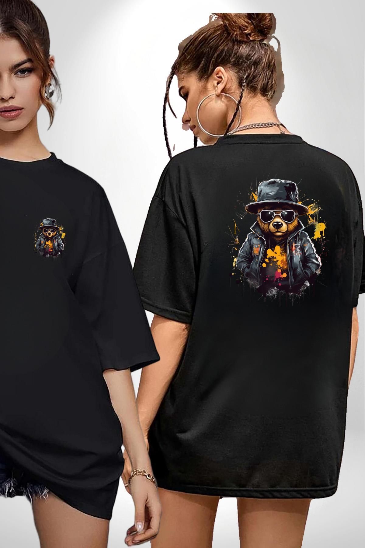 Angemiel Siyah Deri Ceketli Güneş Gözlüklü Ayı Teddy Siyah Oversize Kadın Erkek Ön ve Sırt Baskılı Tişört