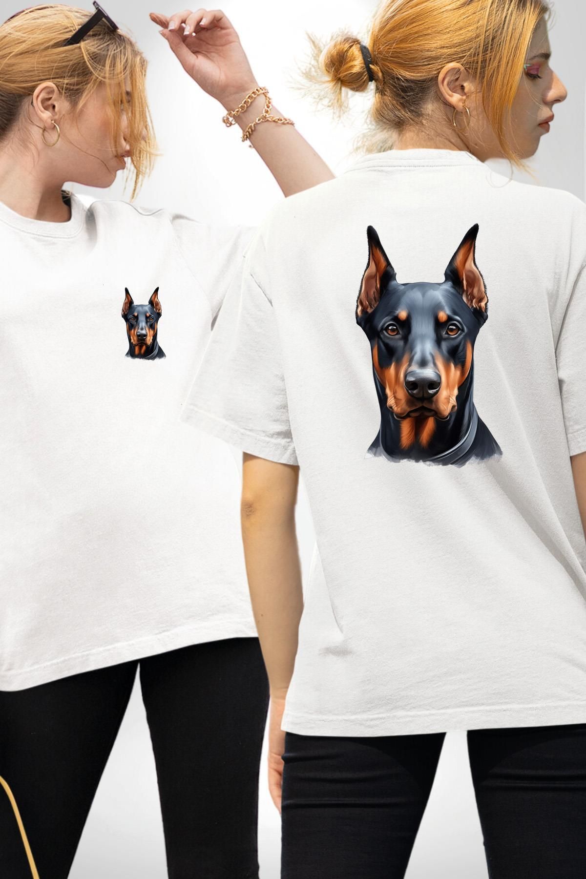 Angemiel Sadık Doberman Cesur Güçlü Köpek Tasarımı Beyaz Oversize Kadın Erkek Ön ve Sırt Baskılı Tişört