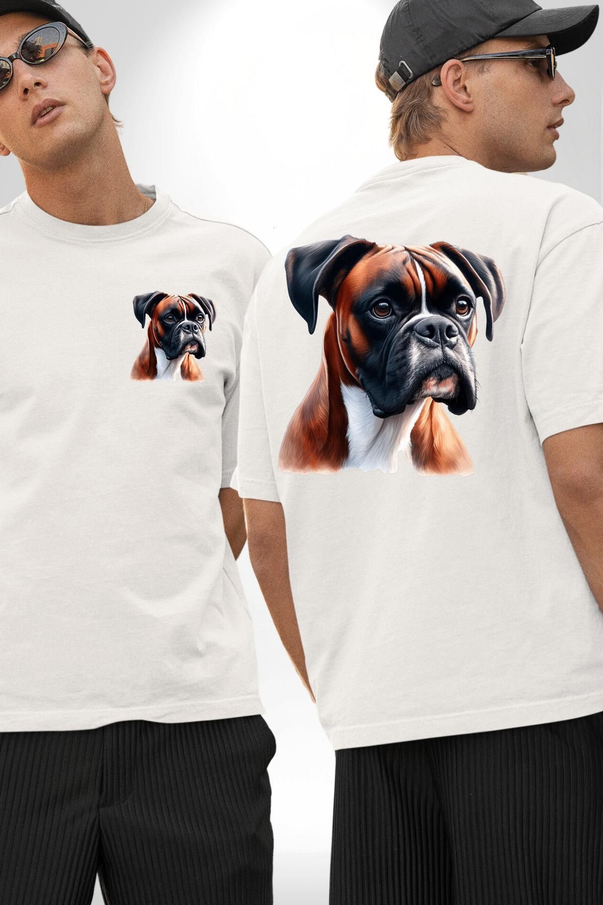 Angemiel Enerjik Boxer Köpek Tasarımı Beyaz Oversize Kadın Erkek Ön ve Sırt Baskılı Tişört