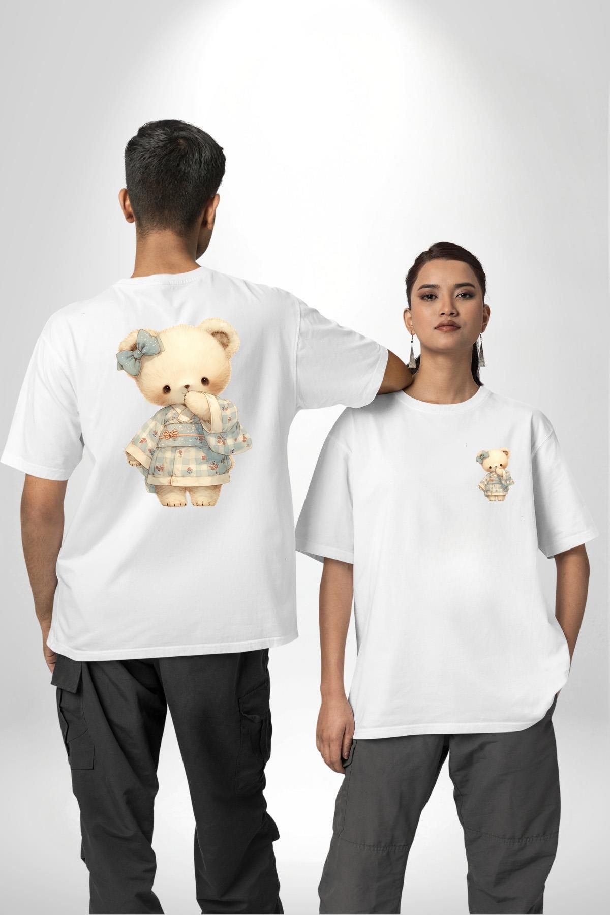 Angemiel Mavi Kare Desenli Ayıcık Kawaii Stil Beyaz Oversize Kadın Erkek Ön ve Sırt Baskılı Tişört