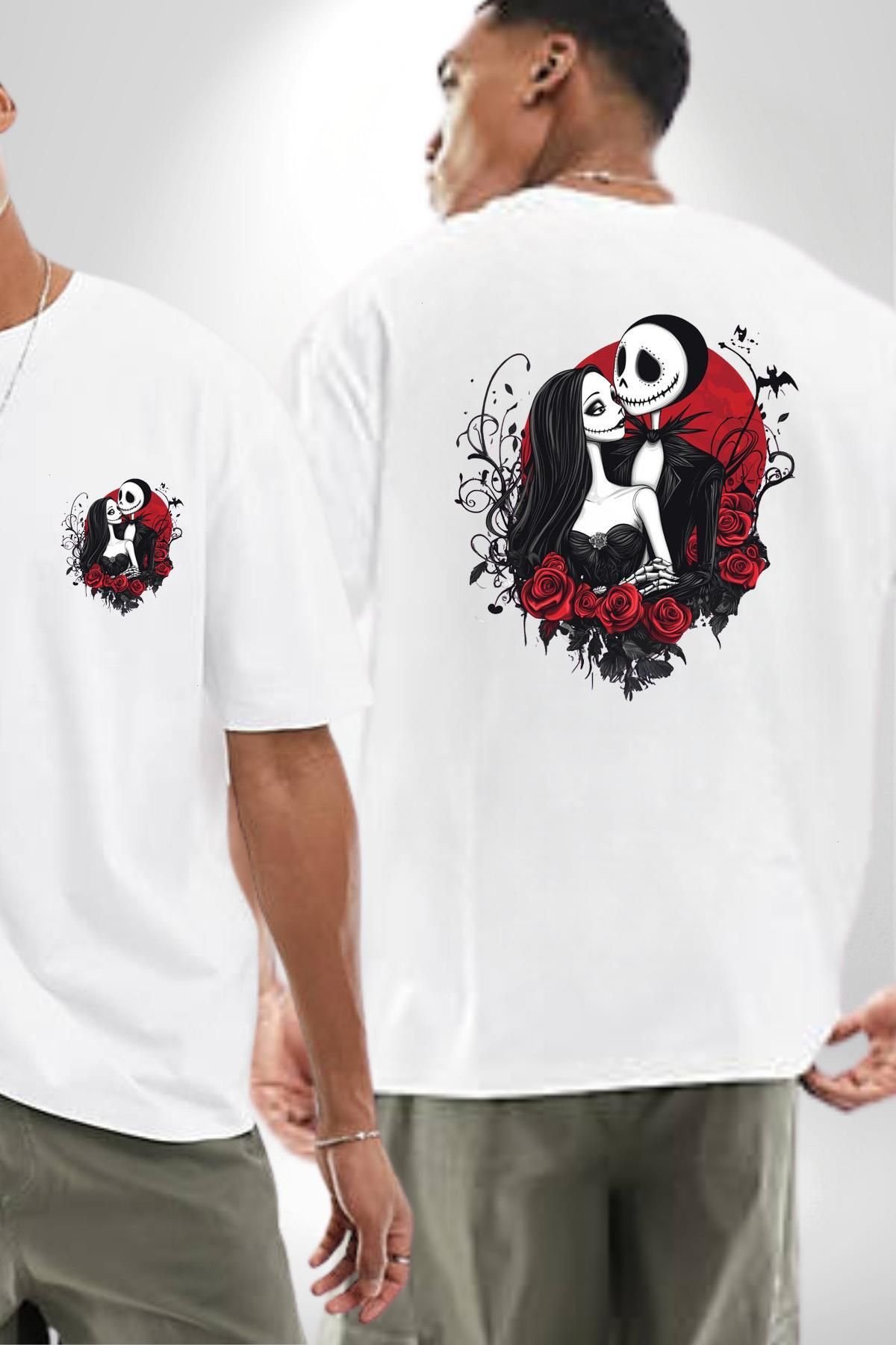 Angemiel Korku ve Romantizm Temalı Jack & Sally Beyaz Oversize Kadın Erkek Ön ve Sırt Baskılı Tişört
