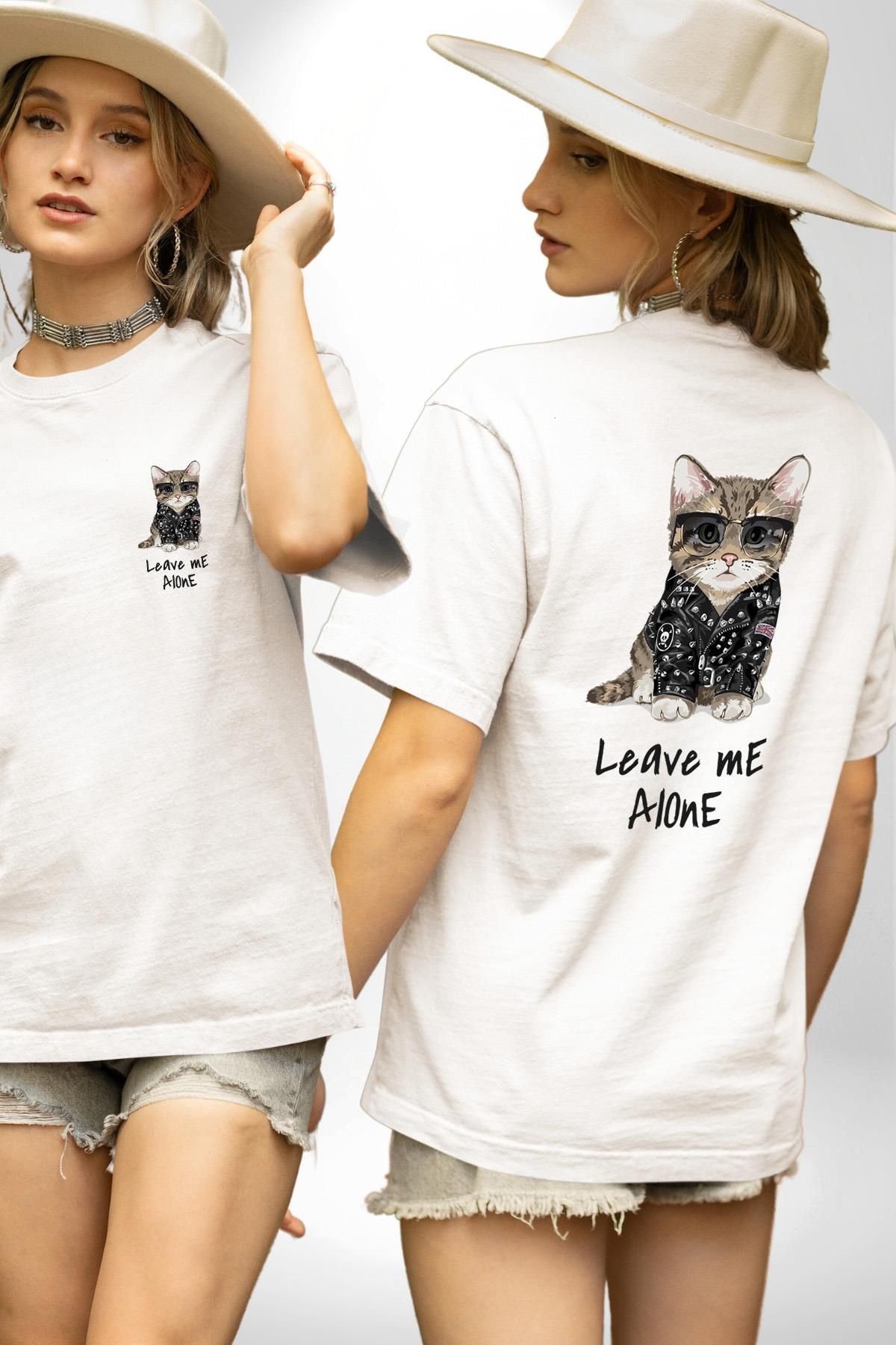 Angemiel Beni Yalnız Bırak Punk Tarzı Kedi Tasarımı Beyaz Oversize Kadın Erkek Ön ve Sırt Baskılı Tişört
