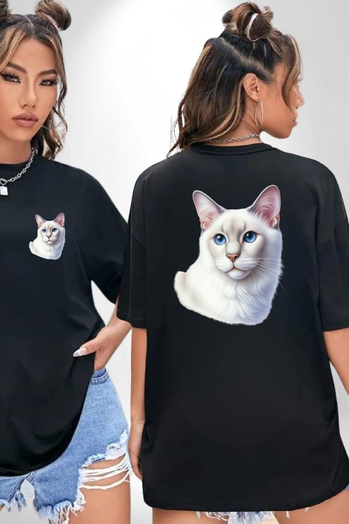 Angemiel Ragdoll Kedisi Siyah Oversize Kadın Erkek Ön ve Sırt Baskılı Tişört