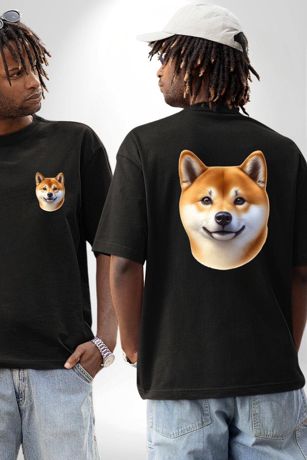 Angemiel Shiba Inu Sevimli Sevgi Köpek Tasarımı Siyah Oversize Kadın Erkek Ön ve Sırt Baskılı Tişört