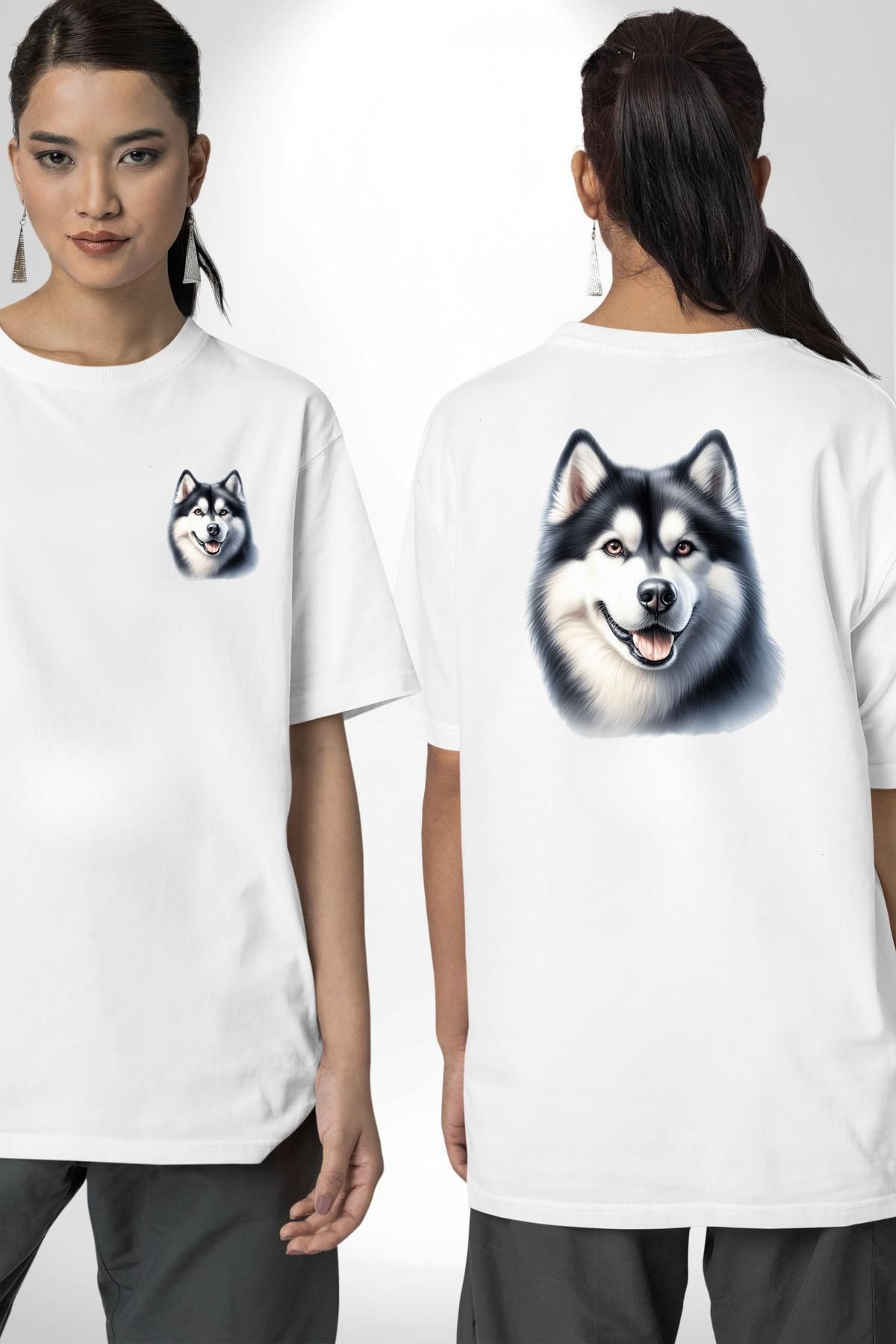 Angemiel Güçlü Siberian Husky Köpek Büyük Irk Beyaz Oversize Kadın Erkek Ön ve Sırt Baskılı Tişört