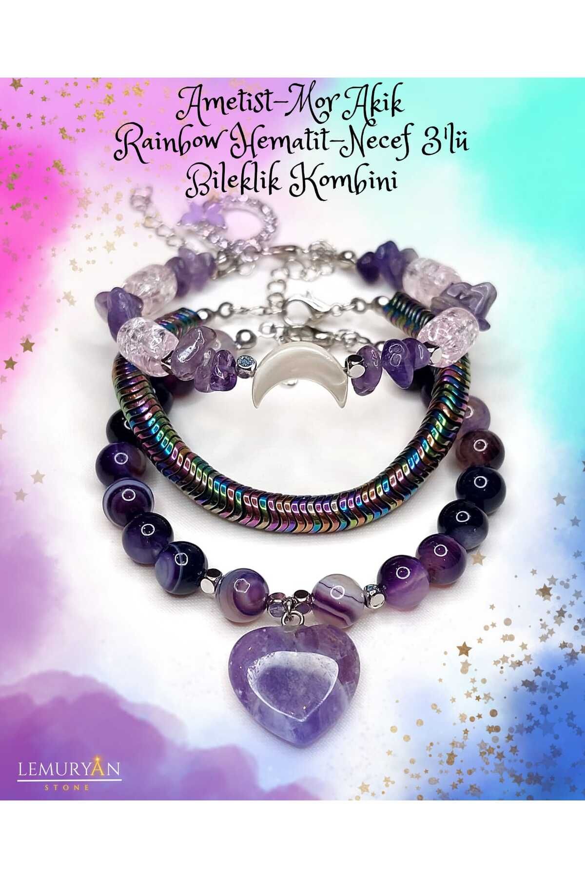 Herkimer Doğal Taş Ametist - Mor Akik - Rainbow Hematit - Necef Taşı 3'lü Doğaltaş Tasarım Bileklik