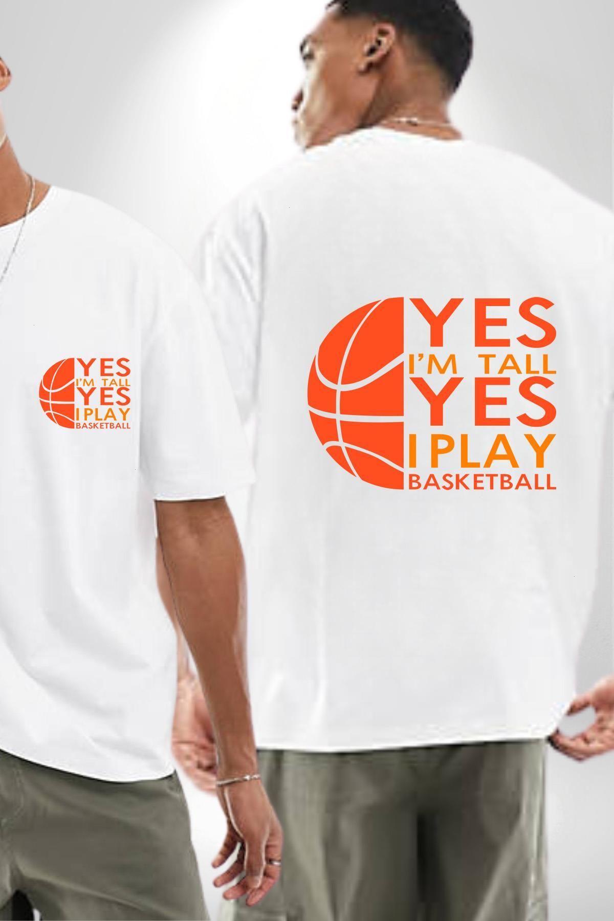 Angemiel Basketbol Severlere Özel Beyaz Oversize Kadın Erkek Ön ve Sırt Baskılı Tişört