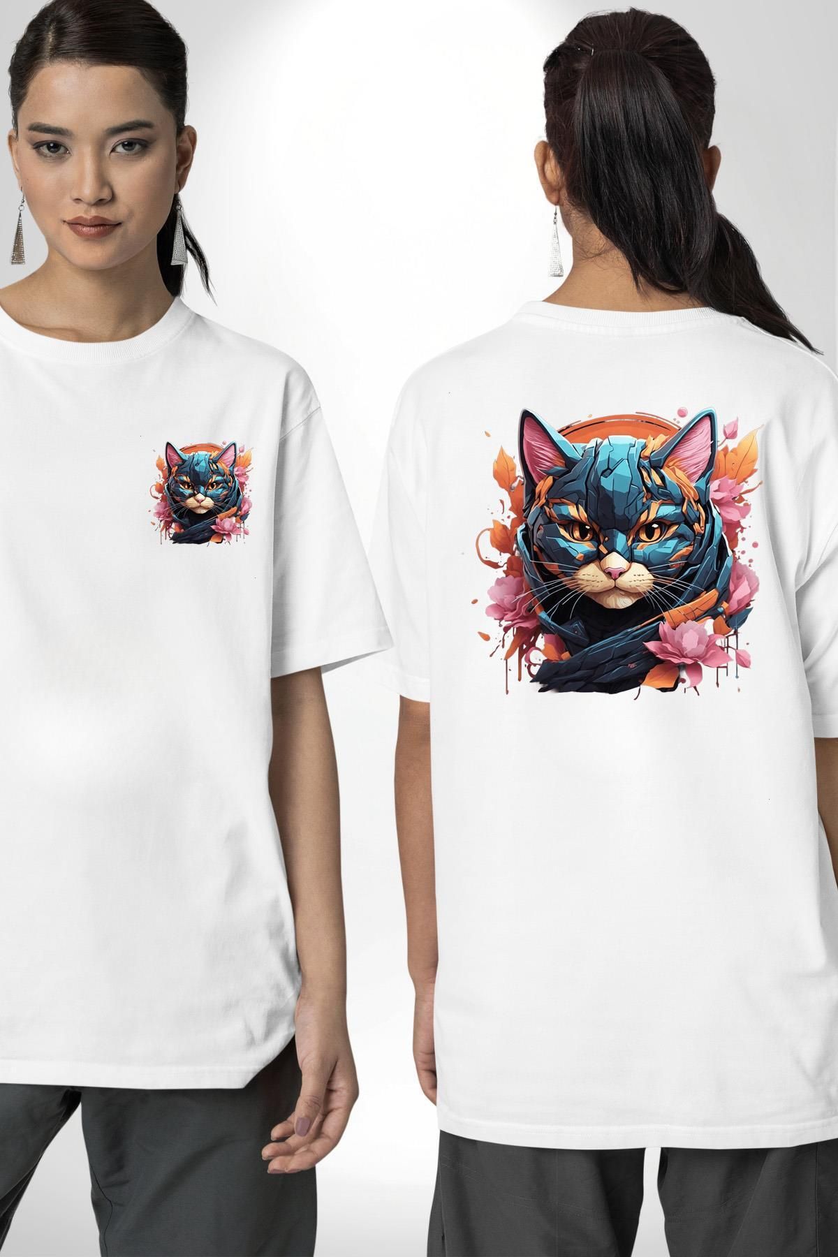 Angemiel Robotik Kedi Cyberpunk Siber Kedi Beyaz Oversize Kadın Erkek Ön ve Sırt Baskılı Tişört