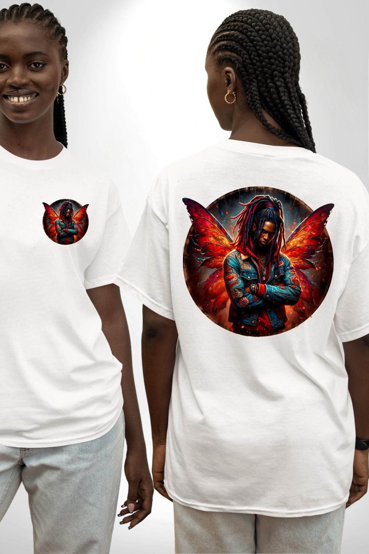 Angemiel Kırmızı Rasta Hip Hop Erkek Peri Beyaz Oversize Kadın Erkek Ön ve Sırt Baskılı Tişört