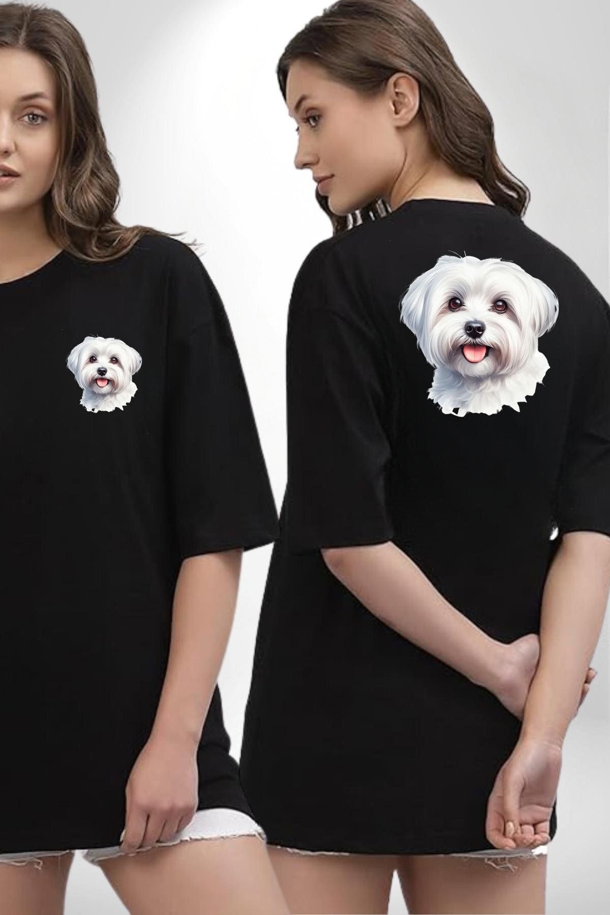 Angemiel Sevimli Maltese Köpek Tasarımı Siyah Oversize Kadın Erkek Ön ve Sırt Baskılı Tişört