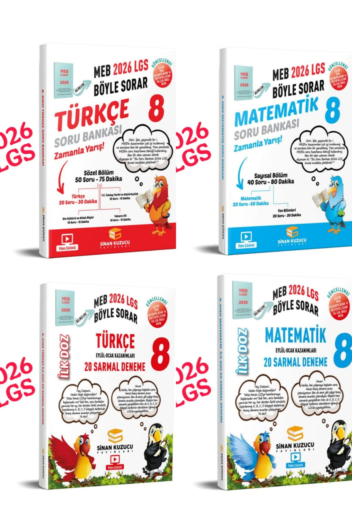 SİNAN KUZUCU YAYINLARI 2026 LGS türkçe-matematik soru bankaları ve ilk doz denemeleri 4'lü setidir