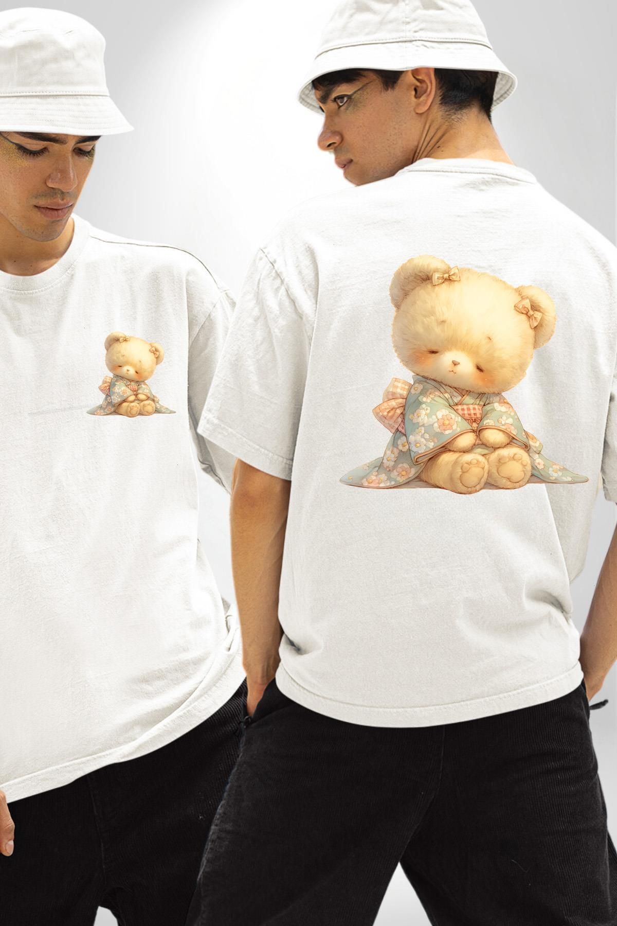 Angemiel Çiçek Desenli Pastel Ton Ayıcık ve Çiçek Beyaz Oversize Kadın Erkek Ön ve Sırt Baskılı Tişört