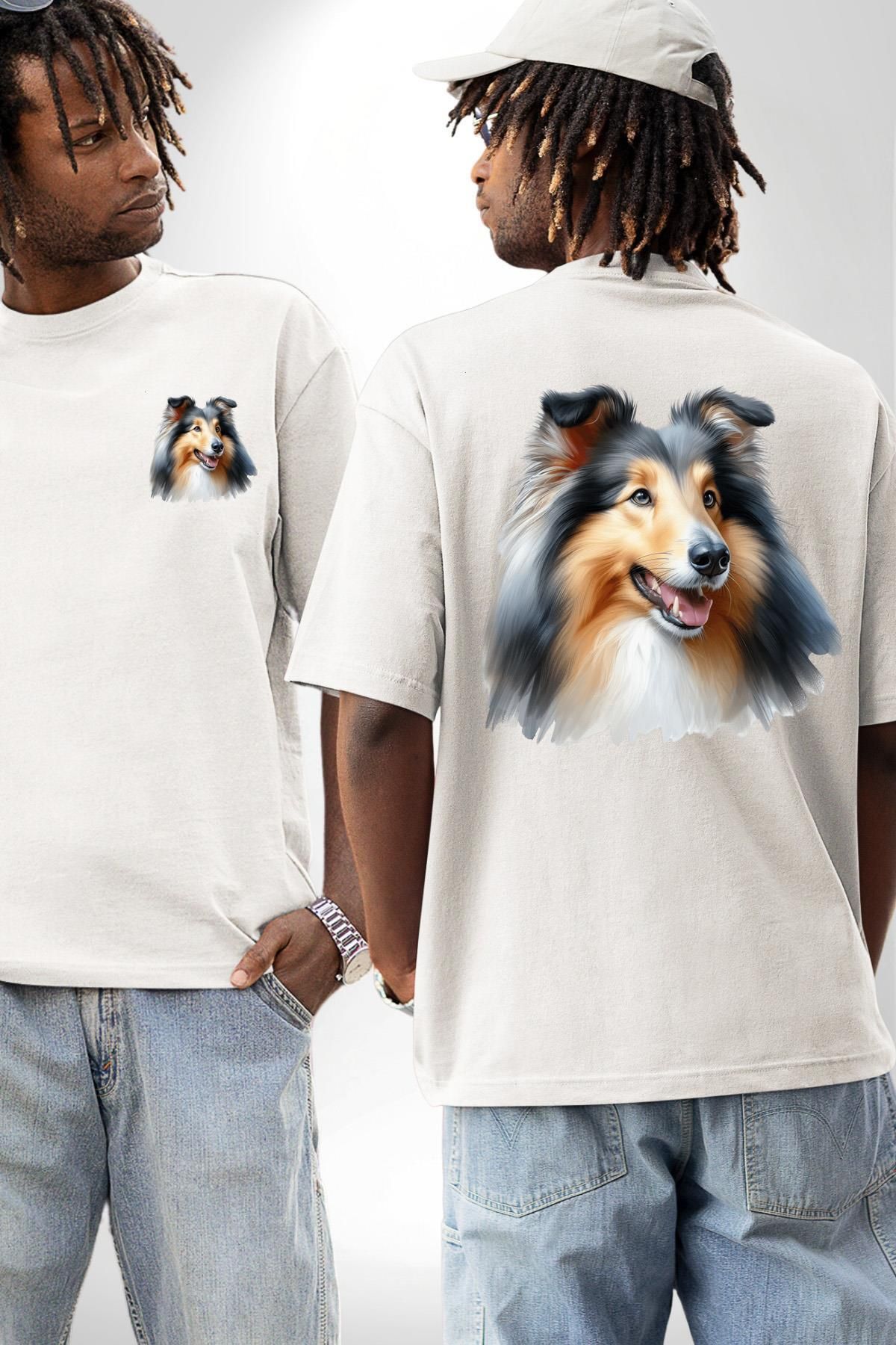 Angemiel Collie Zarif Zeki Köpek Beyaz Oversize Kadın Erkek Ön ve Sırt Baskılı Tişört