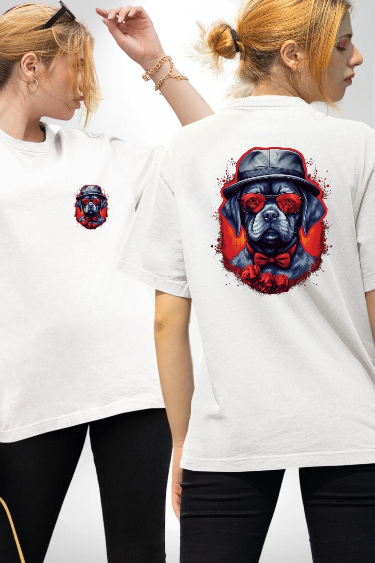 Angemiel Romantik Gangster Köpek Şapkalı Güllü Beyaz Oversize Kadın Erkek Ön ve Sırt Baskılı Tişört