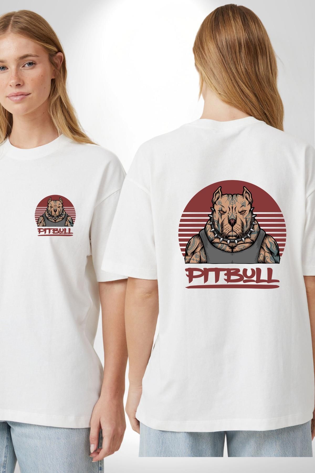 Angemiel Pitbull Baskılı Güçlü ve Yaratıcı Grafik Tasarım Beyaz Oversize Kadın Erkek Ön ve Sırt Baskılı Tişör