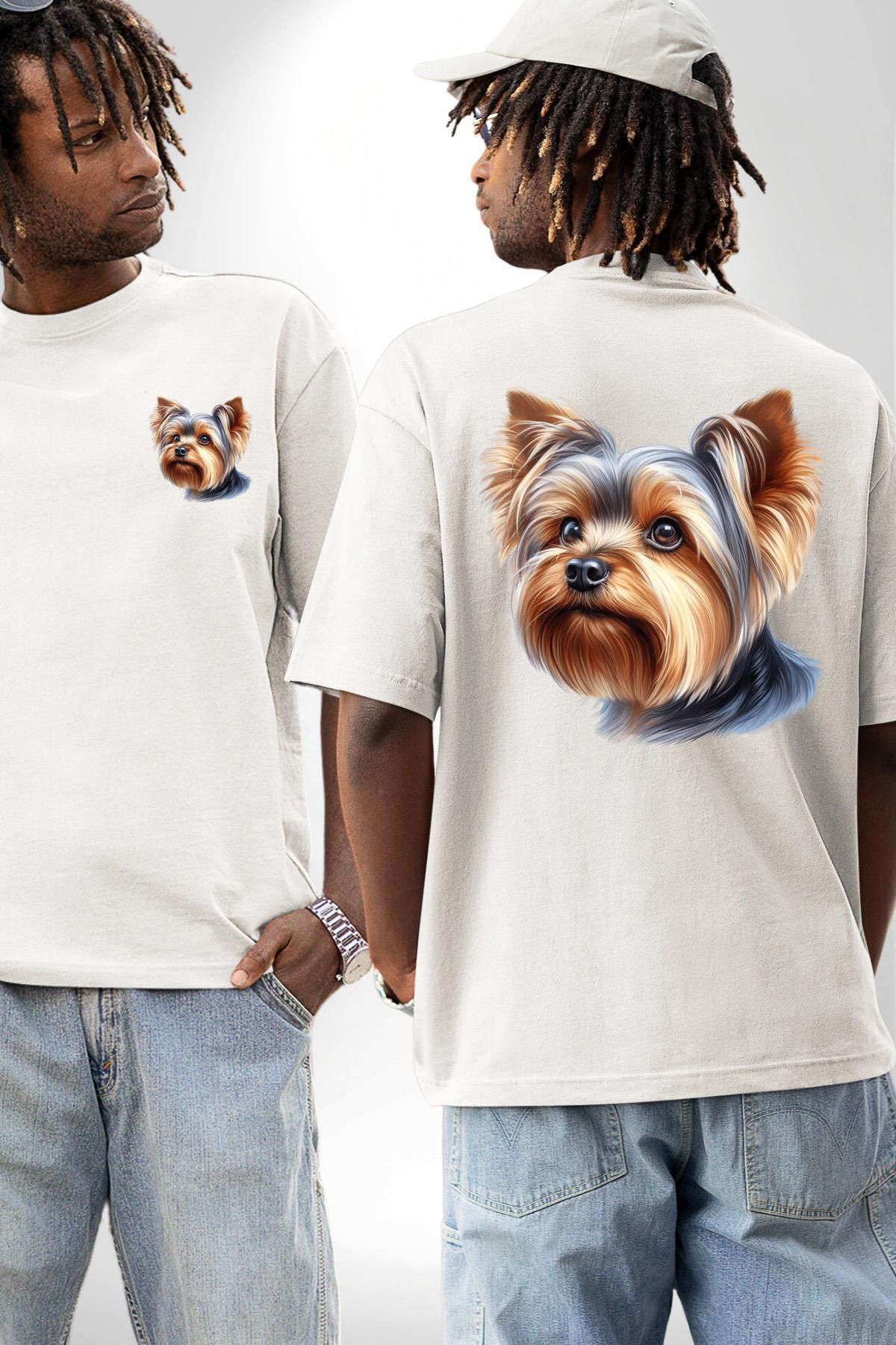 Angemiel Yorkshire Terrier Teacup Mini Köpek Aşkı Beyaz Oversize Kadın Erkek Ön ve Sırt Baskılı Tişört