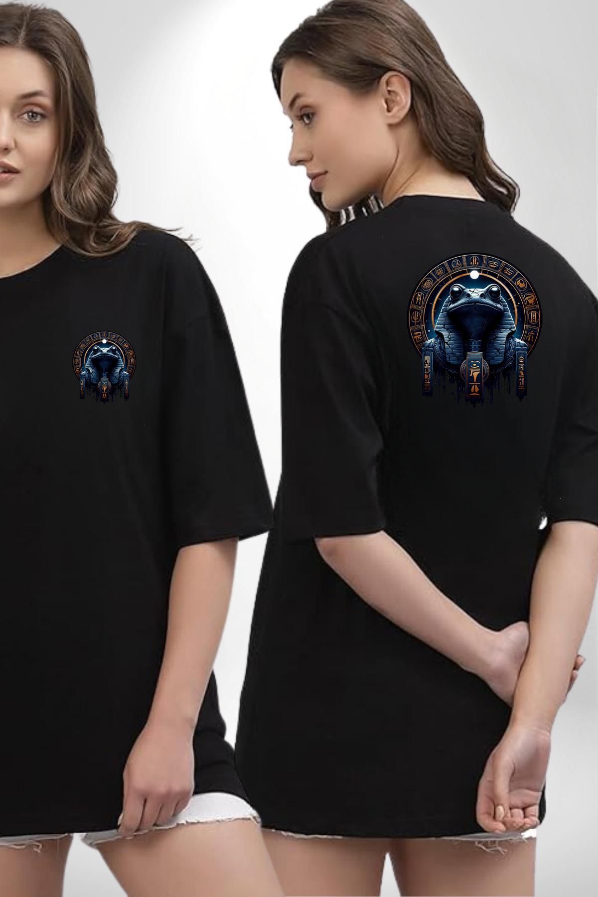 Angemiel Gece ve Kaos Temalı Mistik Kek Tanrısı Mısır Siyah Oversize Kadın Erkek Ön ve Sırt Baskılı Tişört