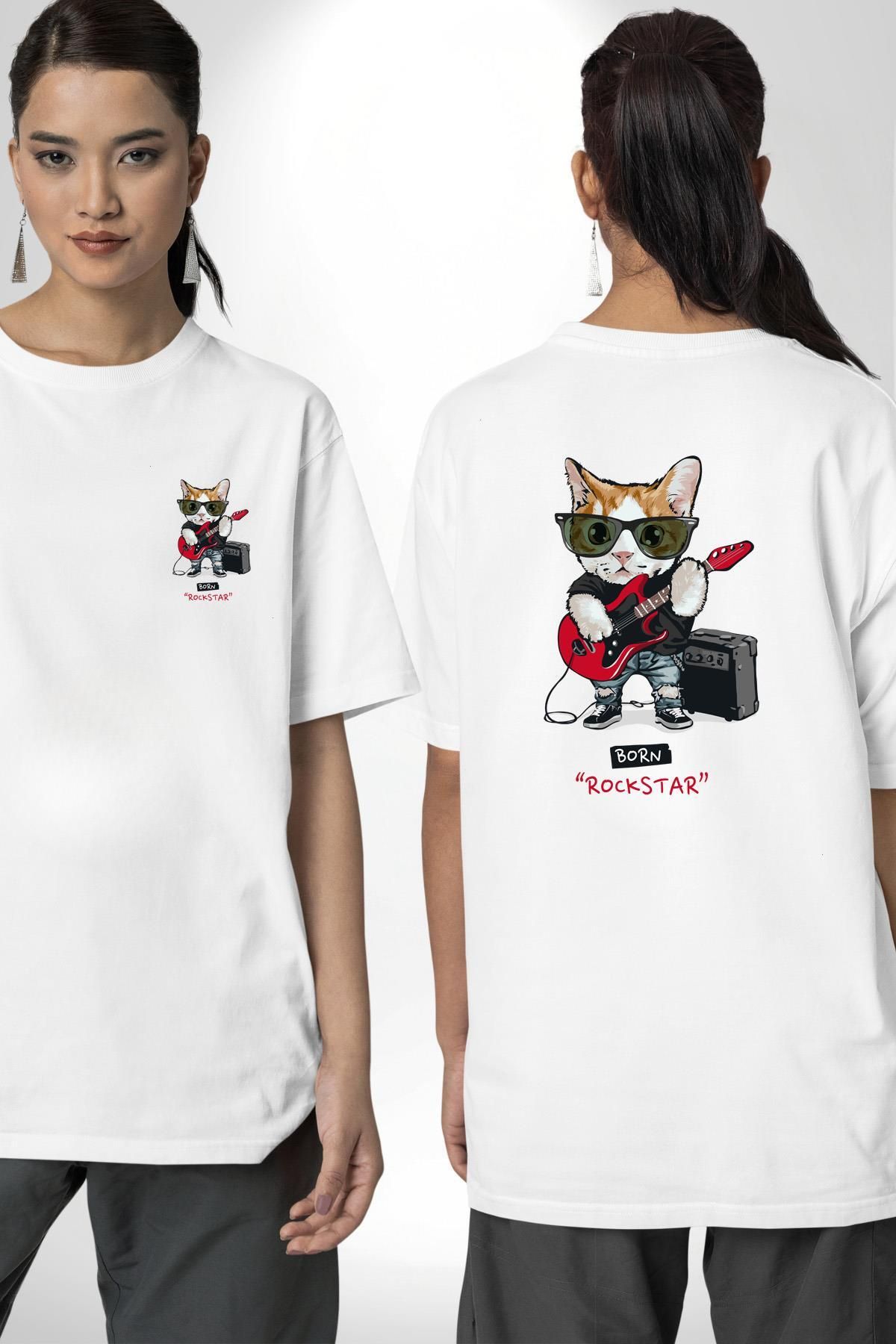 Angemiel Kedi Rockstar Müzik Durmaz! Gitarı Kap Beyaz Oversize Kadın Erkek Ön ve Sırt Baskılı Tişört