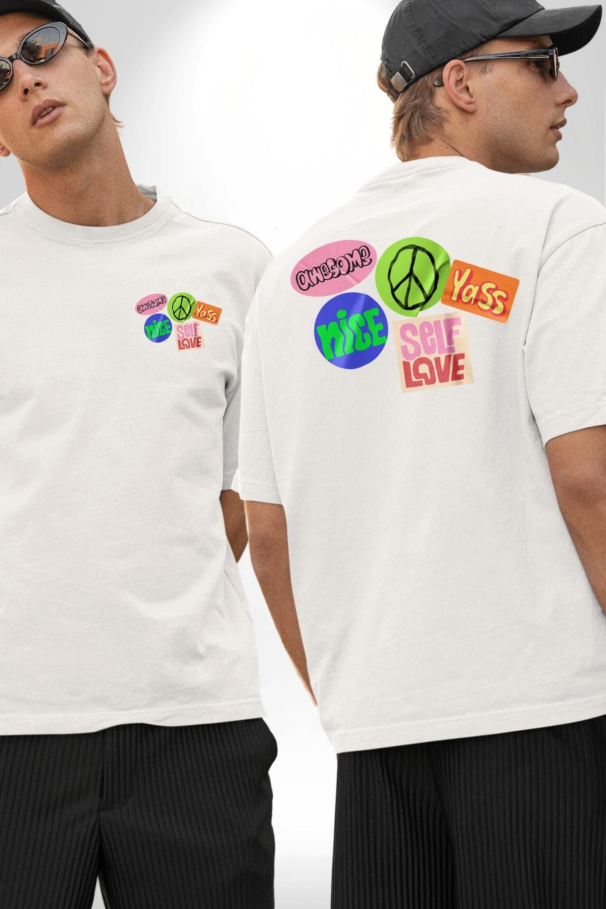 Angemiel Barış Pozitif Enerji Stickerları Beyaz Oversize Kadın Erkek Ön ve Sırt Baskılı Tişört