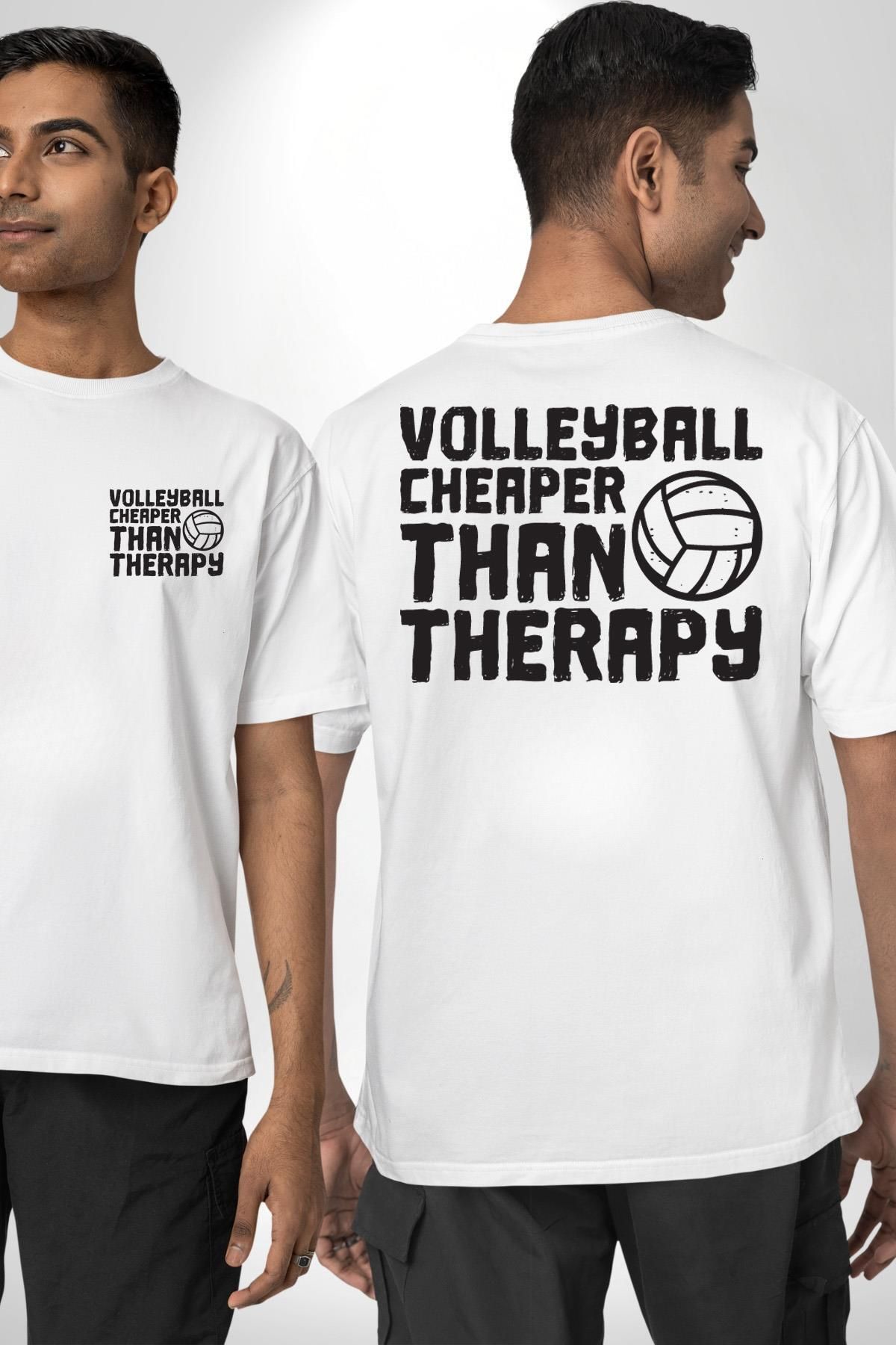 Angemiel Voleybol Ucuz Terapidir Yazılı Beyaz Oversize Kadın Erkek Ön ve Sırt Baskılı Tişört