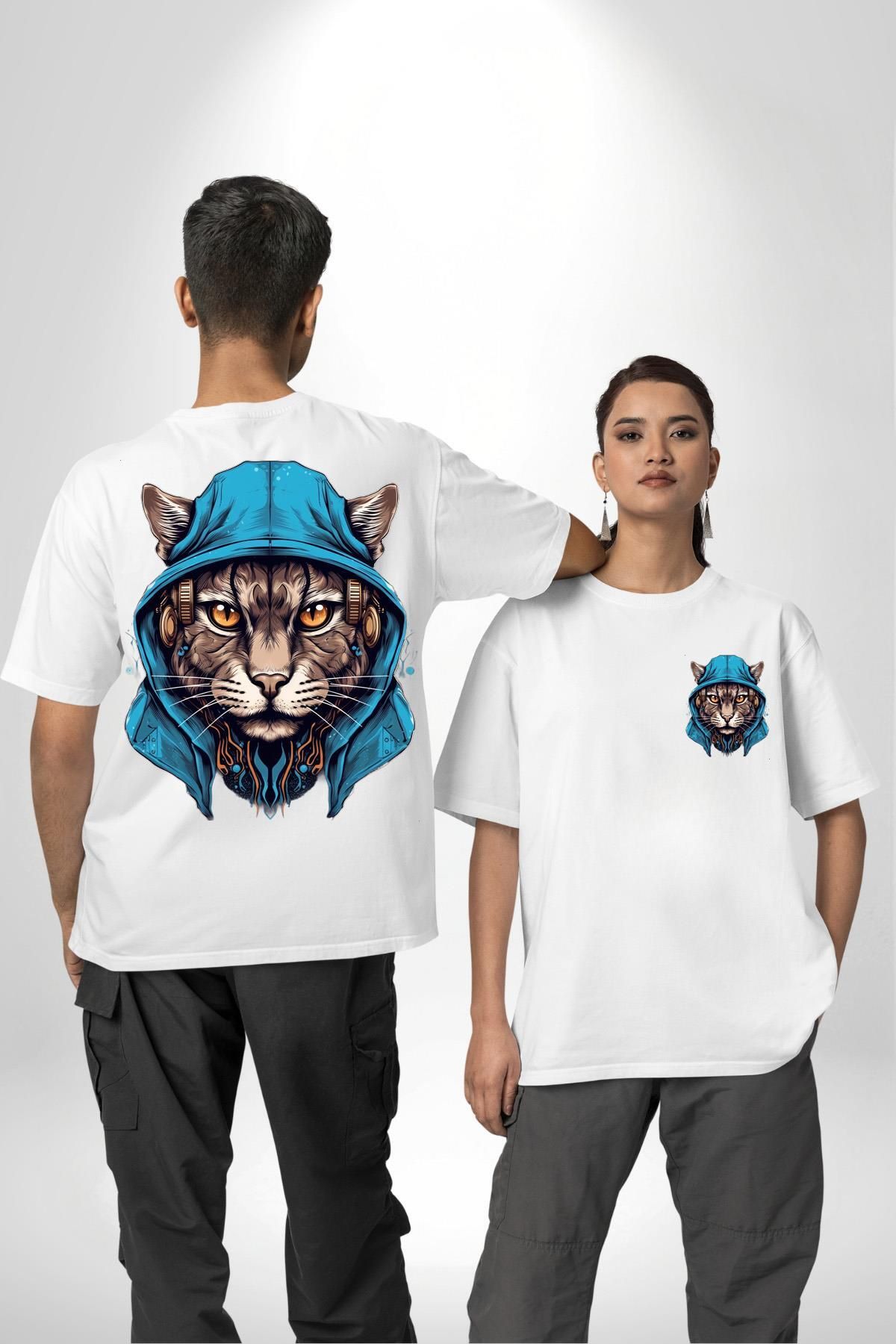 Angemiel Cyber Kedi Dijital Kaplan Gözlü Beyaz Oversize Kadın Erkek Ön ve Sırt Baskılı Tişört