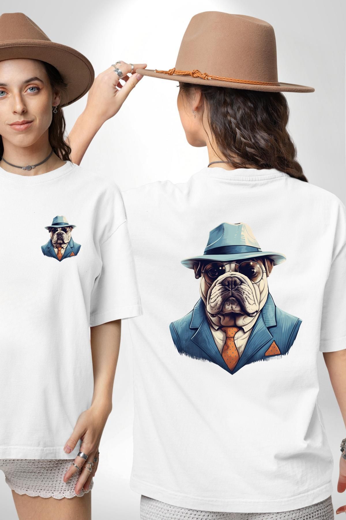 Angemiel Şehir Beyefendisi Gangster Bulldog Beyaz Oversize Kadın Erkek Ön ve Sırt Baskılı Tişört