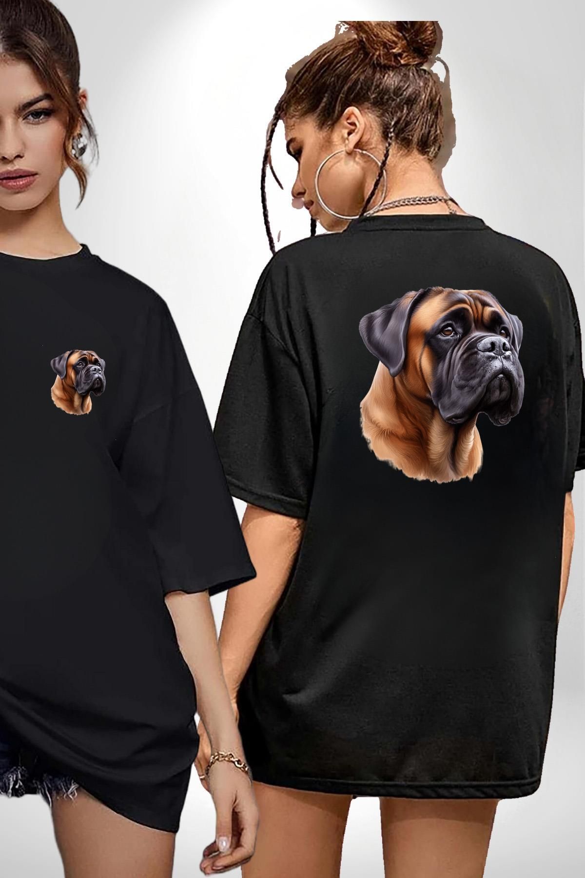 Angemiel Güçlü Bullmastiff Köpek Siyah Oversize Kadın Erkek Ön ve Sırt Baskılı Tişört