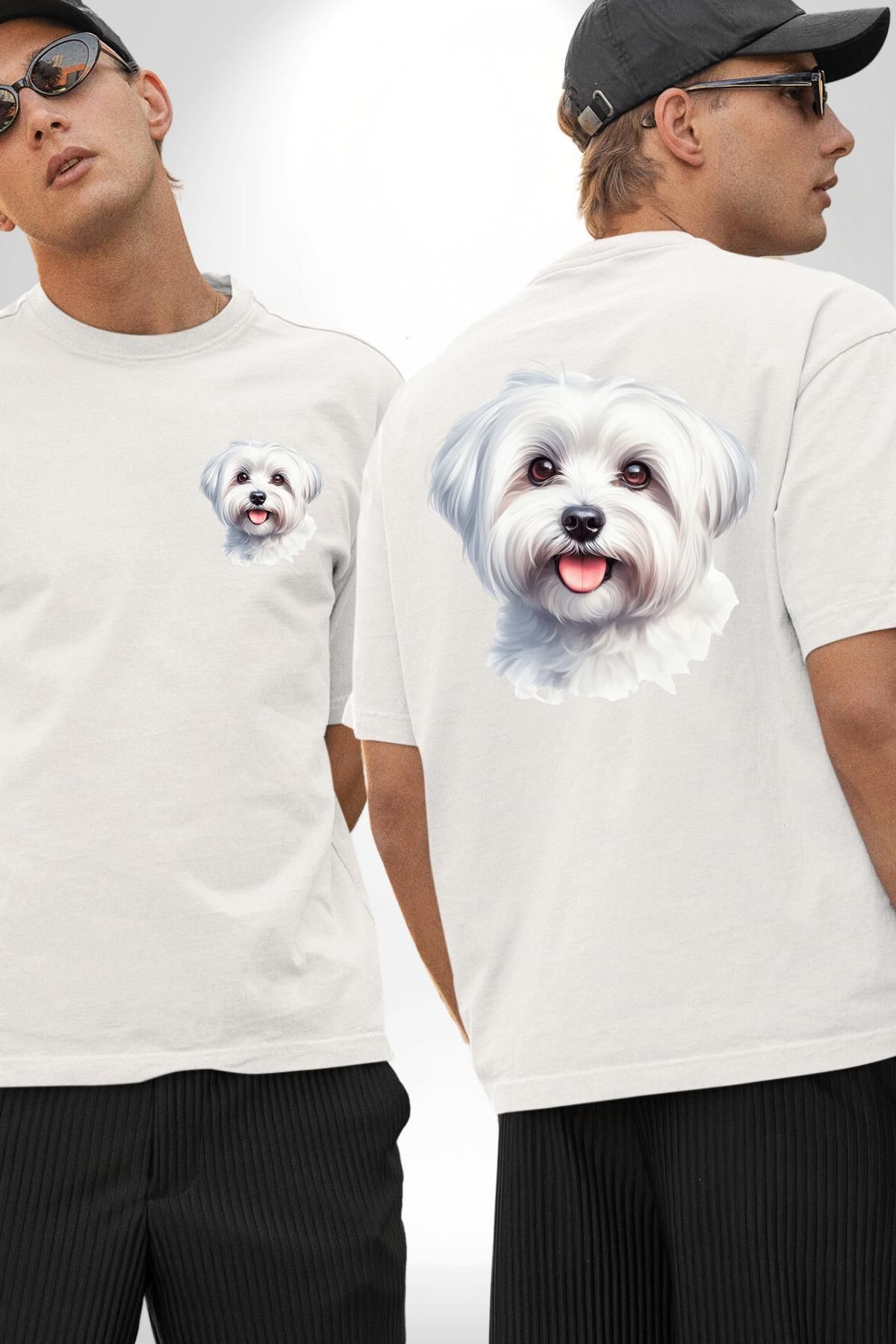 Angemiel Sevimli Maltese Köpek Tasarımı Beyaz Oversize Kadın Erkek Ön ve Sırt Baskılı Tişört