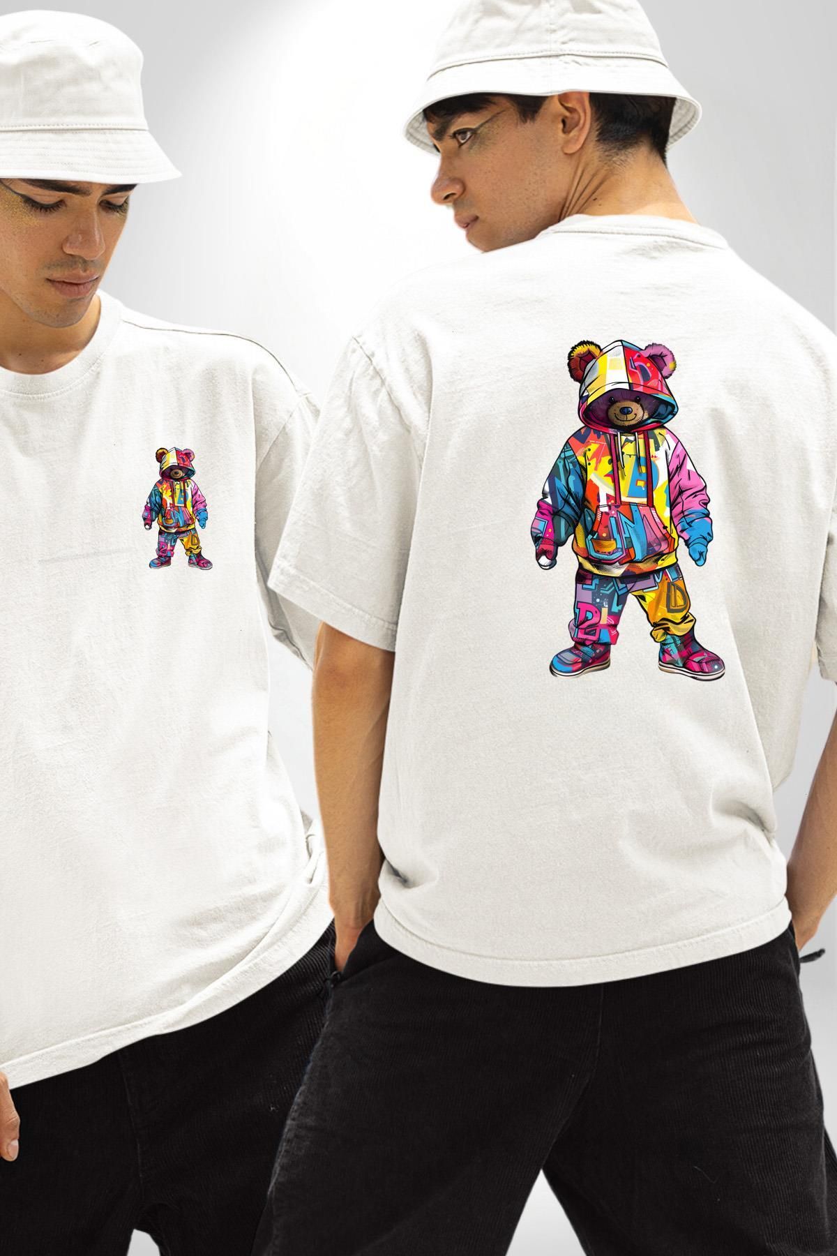 Angemiel Color Splash Urban Vibes Teddy Beyaz Oversize Kadın Erkek Ön ve Sırt Baskılı Tişört