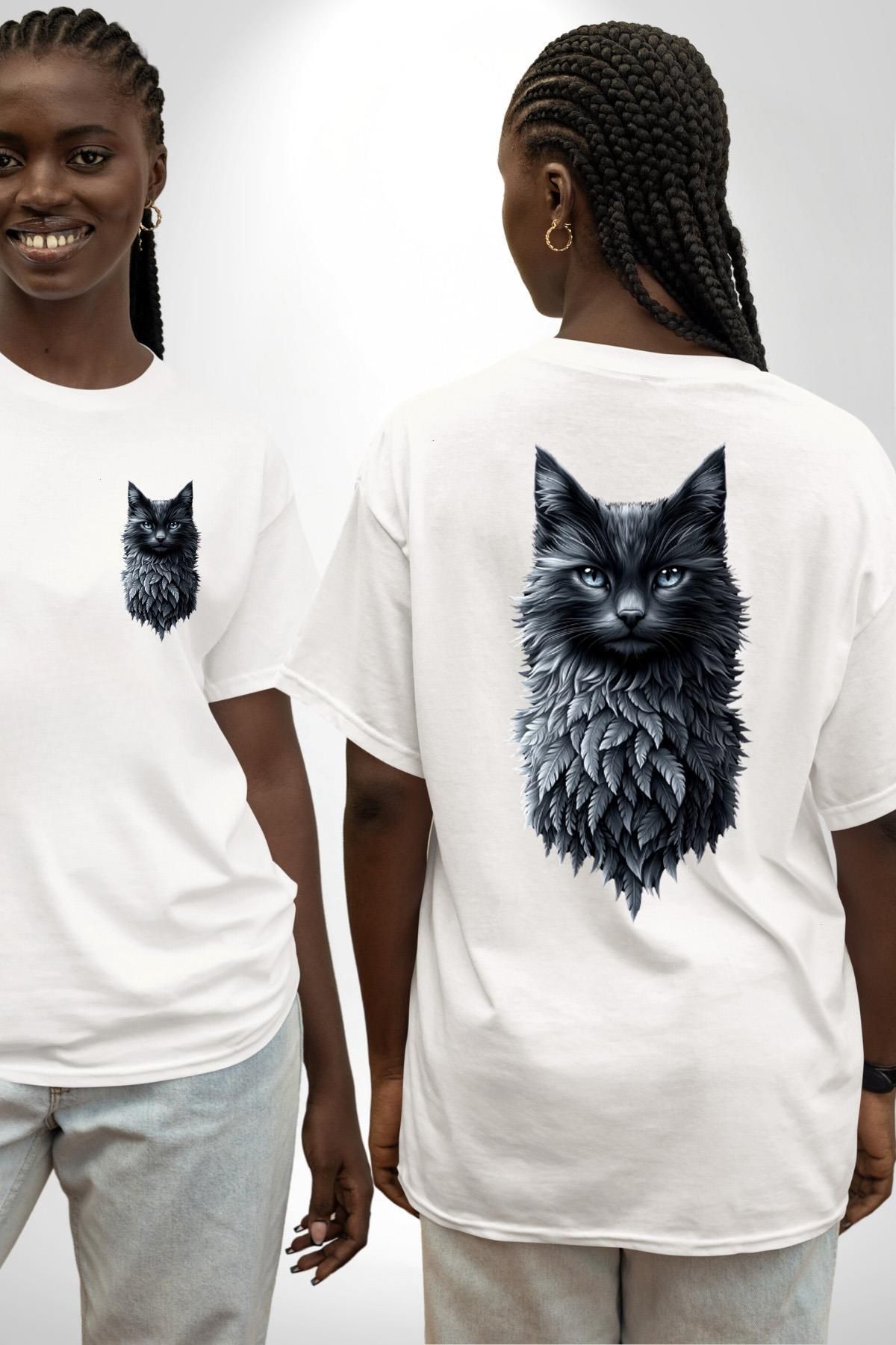 Angemiel Gotik Ruhlu Doğa ve Kedi Beyaz Oversize Kadın Erkek Ön ve Sırt Baskılı Tişört