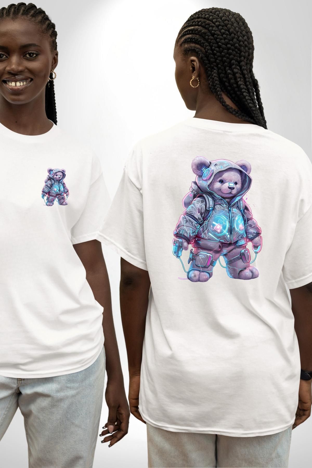 Angemiel Digital Dreamer Teddy Bear Futuristic Beyaz Oversize Kadın Erkek Ön ve Sırt Baskılı Tişört