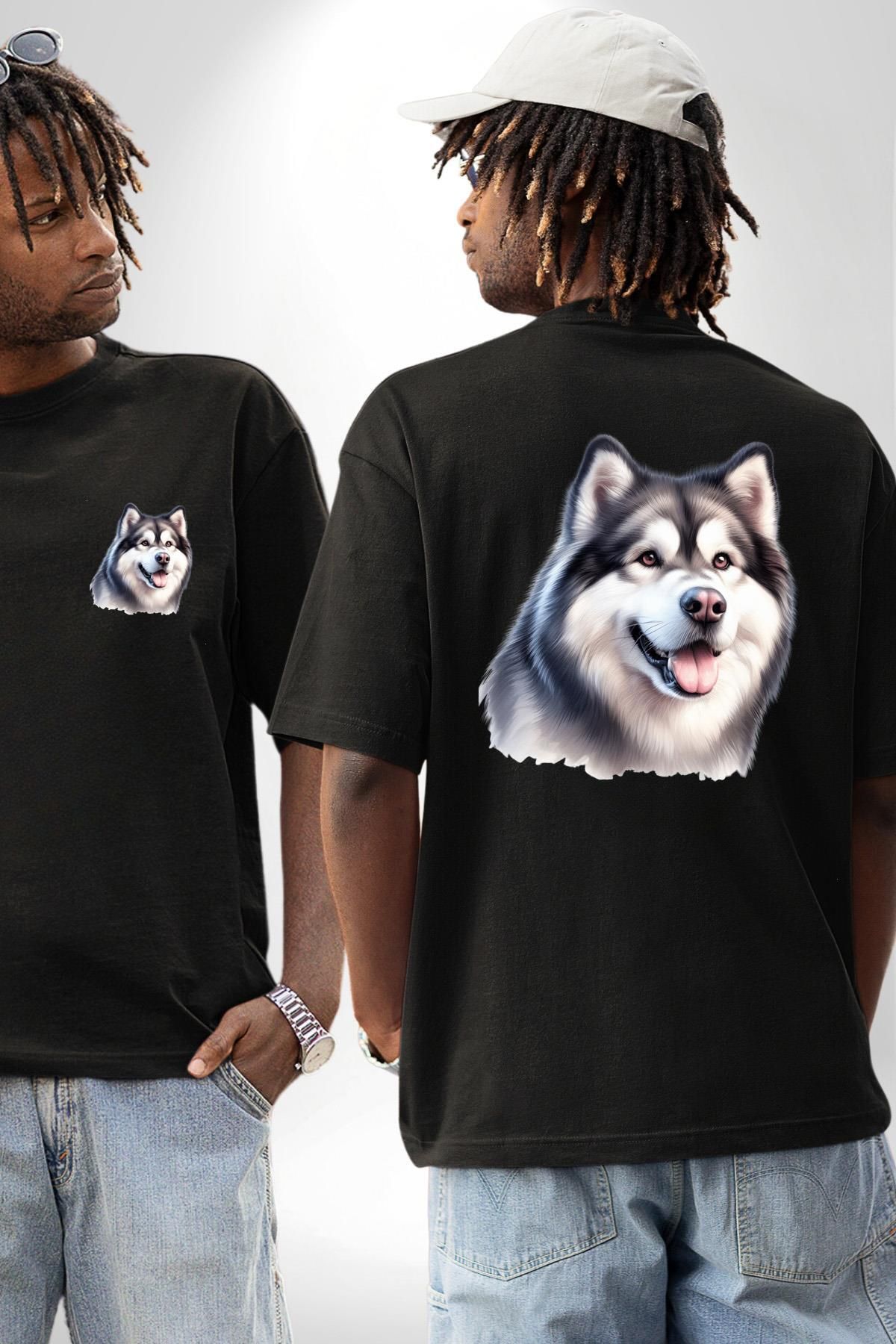 Angemiel Alaskan Malamute Köpek Tasarımı Siyah Oversize Kadın Erkek Ön ve Sırt Baskılı Tişört