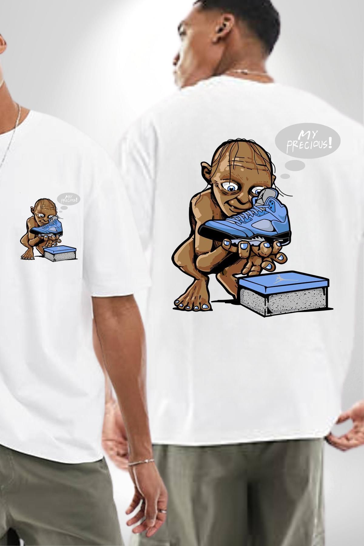 Angemiel Spor Ayakkabı Aşkı Gollum Tarzı Beyaz Oversize Kadın Erkek Ön ve Sırt Baskılı Tişört