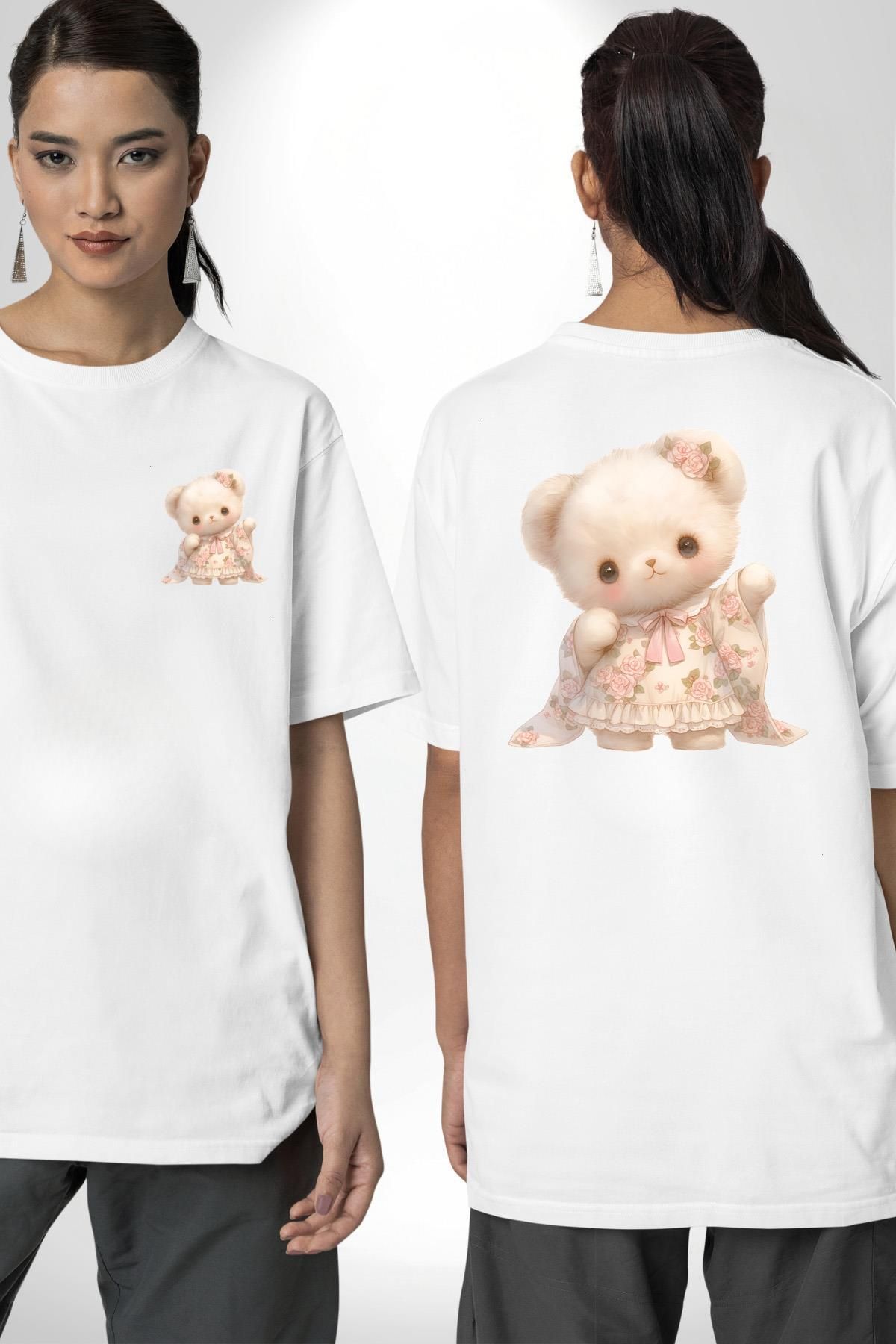 Angemiel Kawaii Stil Özel Pembe Çiçek Motifli Ayıcık Beyaz Oversize Kadın Erkek Ön ve Sırt Baskılı Tişört