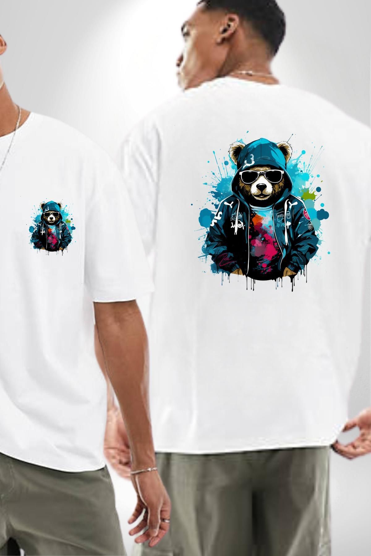 Angemiel Stil Sahibi Ayı Graffiti Kapüşonlu Cool Ayı Beyaz Oversize Kadın Erkek Ön ve Sırt Baskılı Tişört
