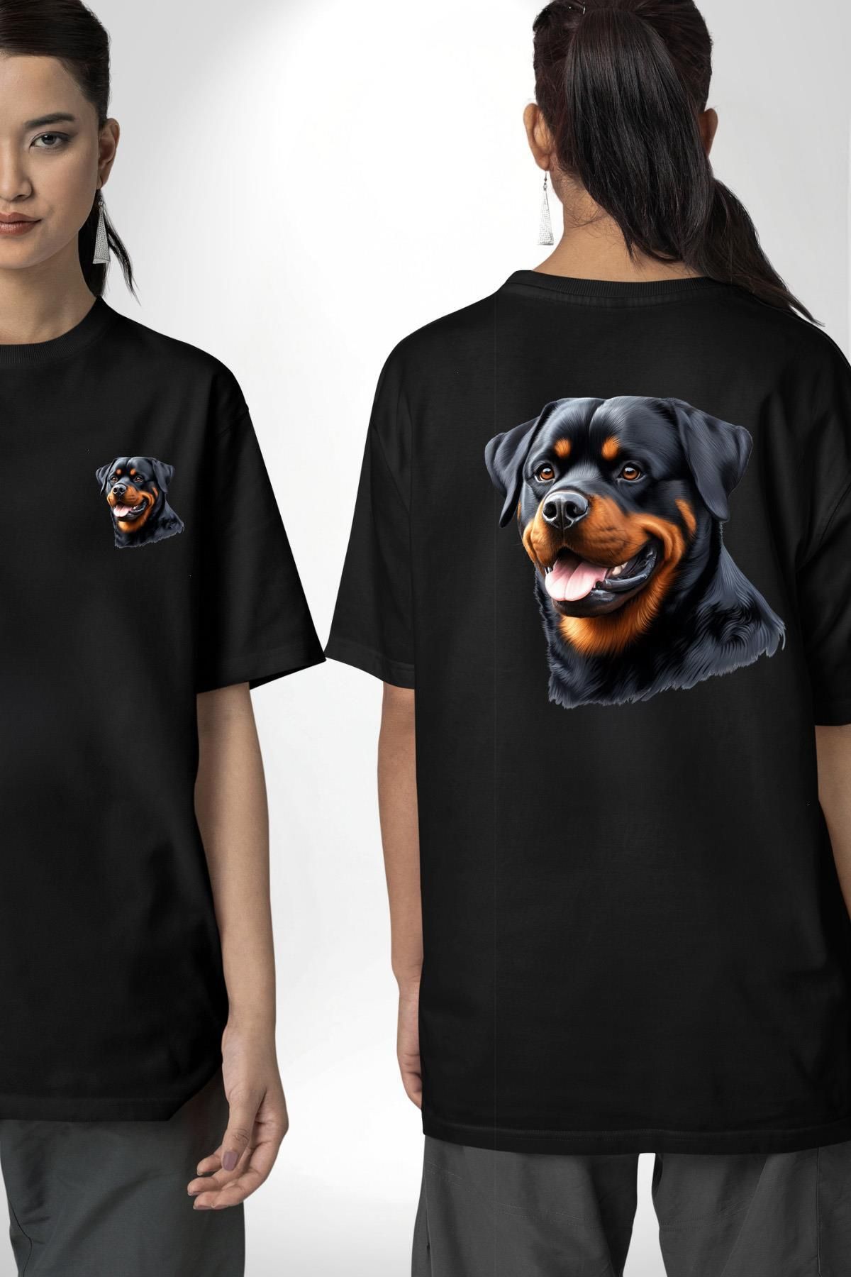 Angemiel Cesur Rottweiler Sadık Güçlü Köpek Aşkı Siyah Oversize Kadın Erkek Ön ve Sırt Baskılı Tişört